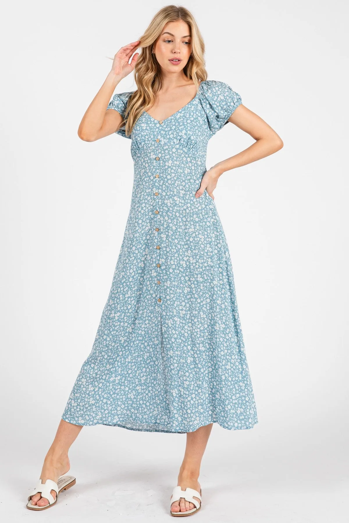 Light Blue Floral V-Neck Button Down Midi Dress sold by Pinkblush product image thumbnail 2