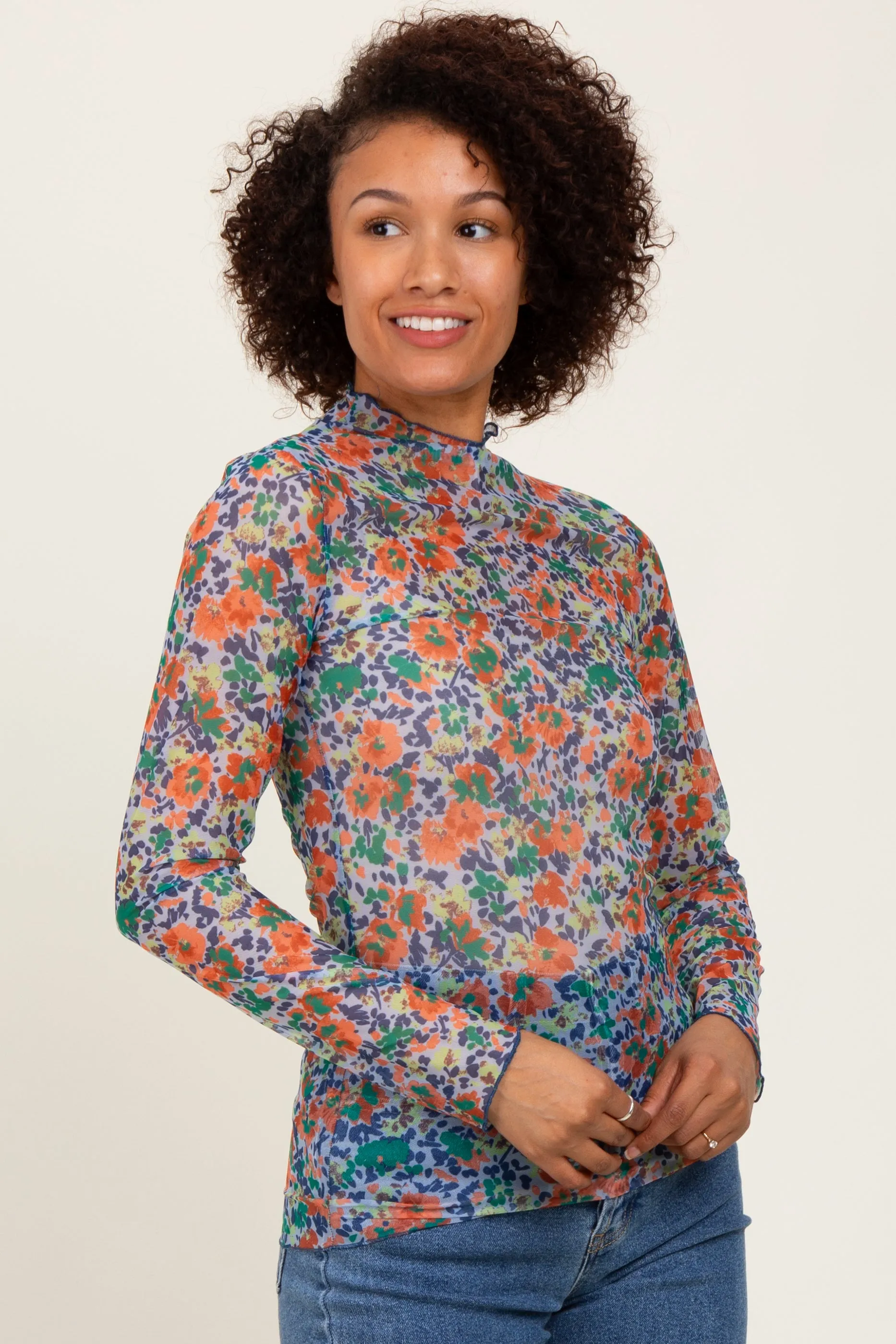 Blue Floral Mesh Long Sleeve Turtle Neck Top sold by Pinkblush product image thumbnail 2