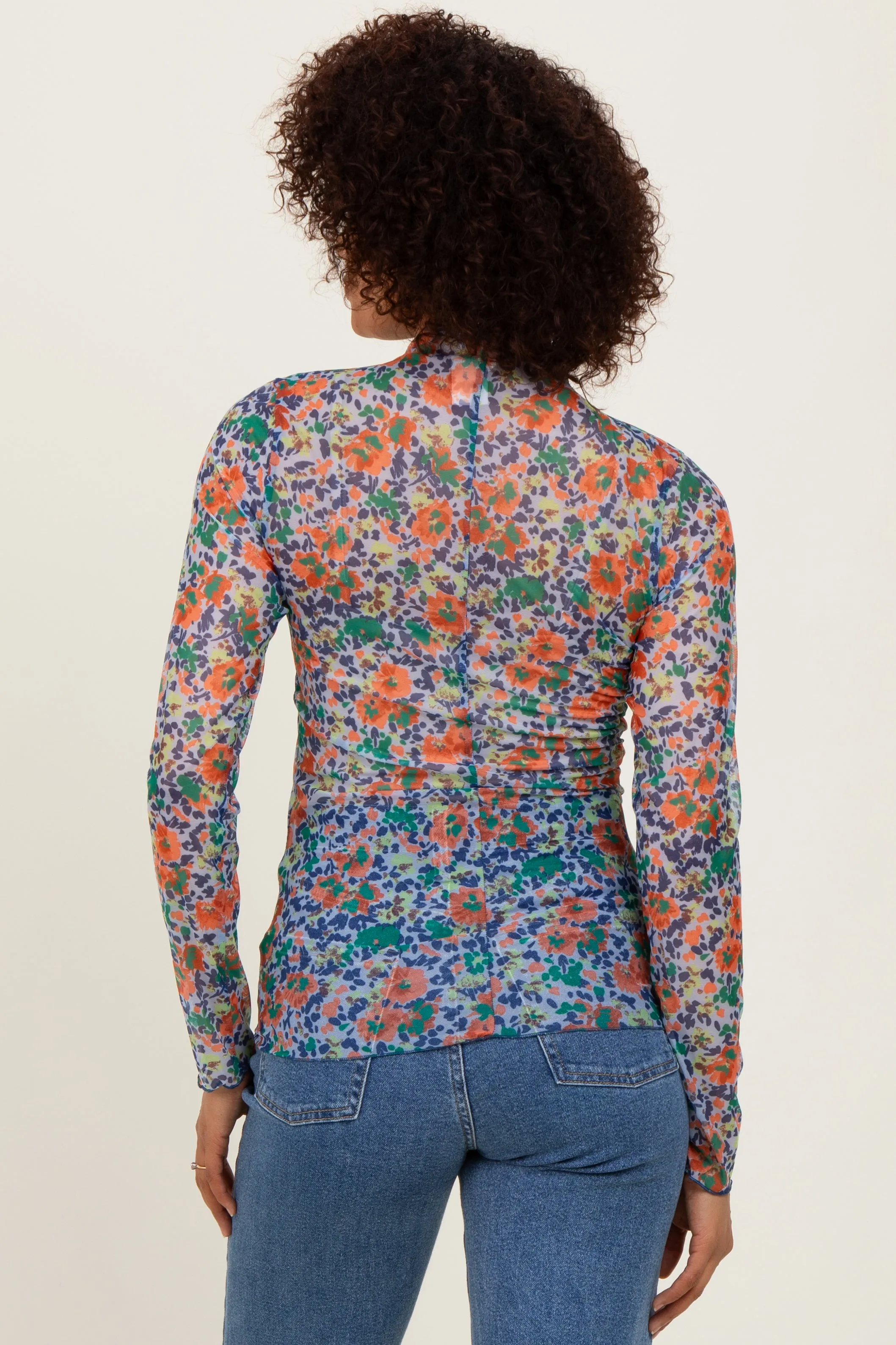 Blue Floral Mesh Long Sleeve Turtle Neck Top sold by Pinkblush product image thumbnail 3