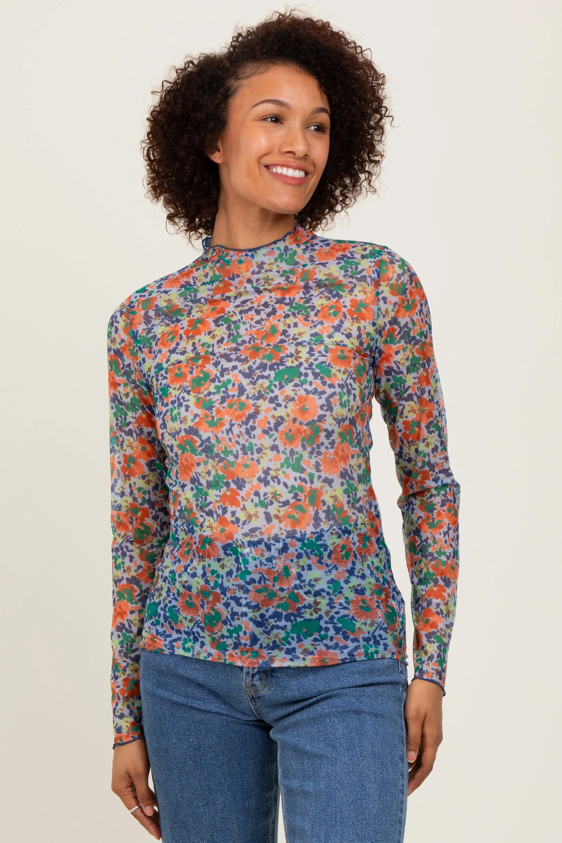 Blue Floral Mesh Long Sleeve Turtle Neck Top sold by Pinkblush