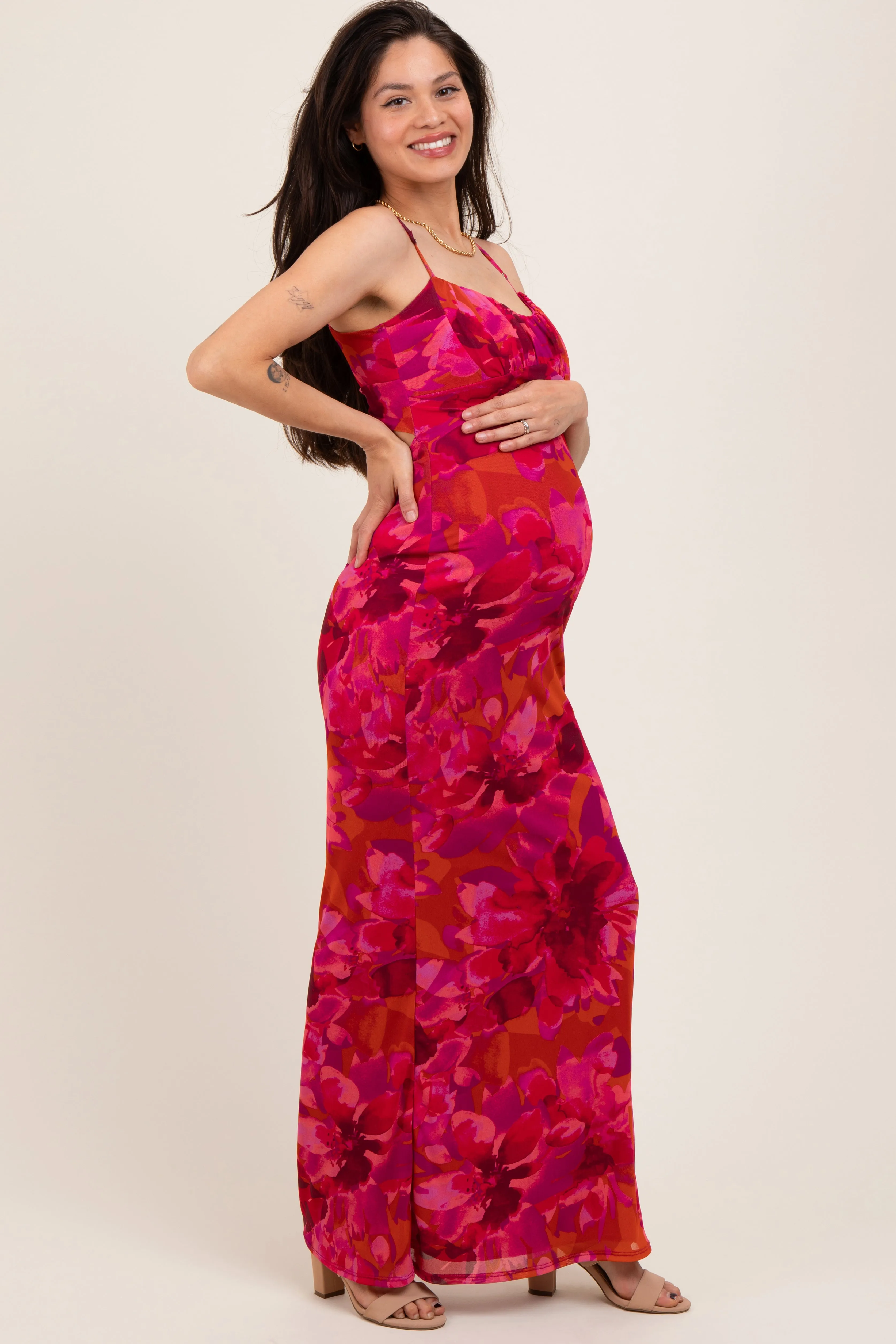 Magenta Floral Back Cutout Maternity Midi Dress sold by Pinkblush