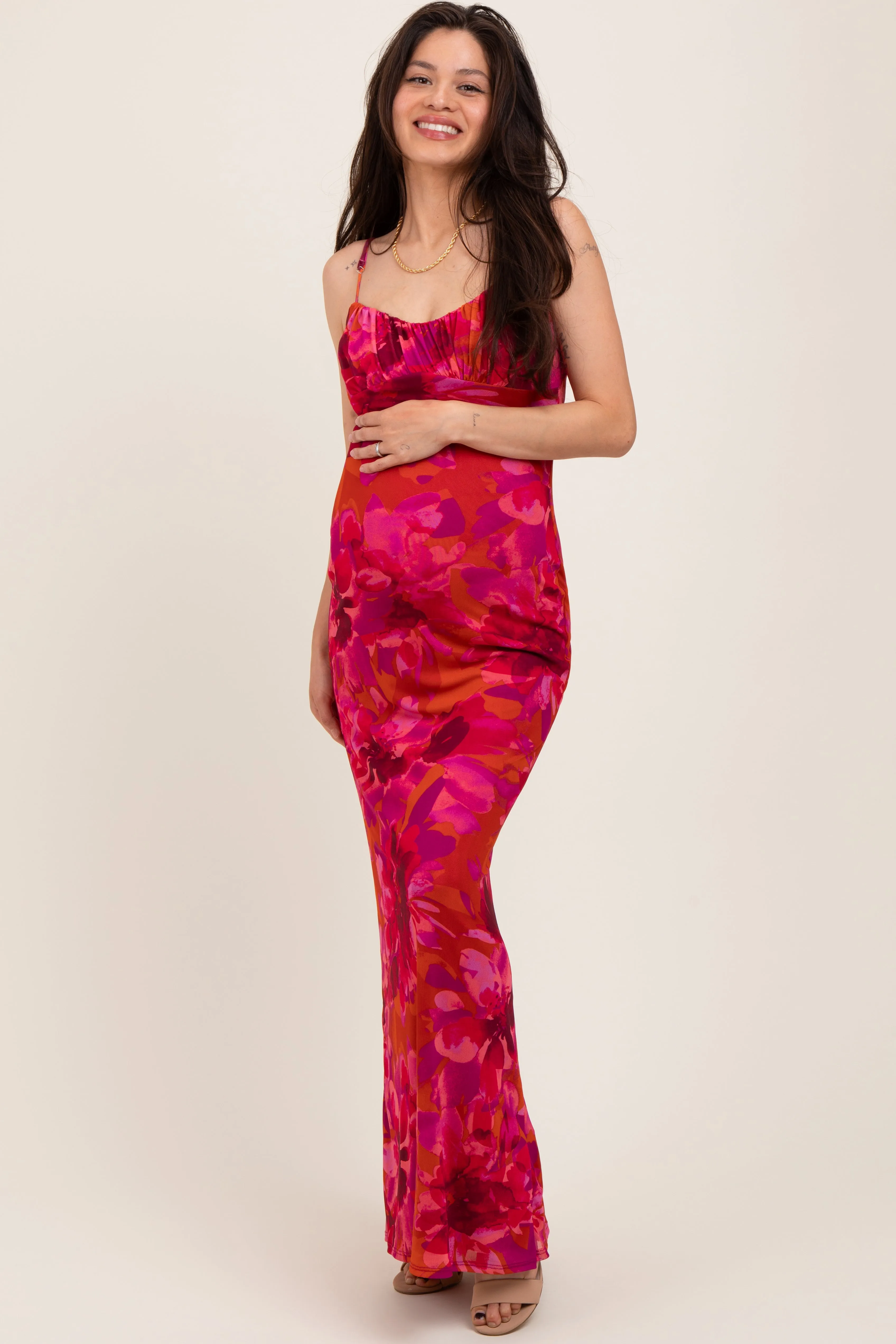 Magenta Floral Back Cutout Maternity Midi Dress sold by Pinkblush product image thumbnail 2