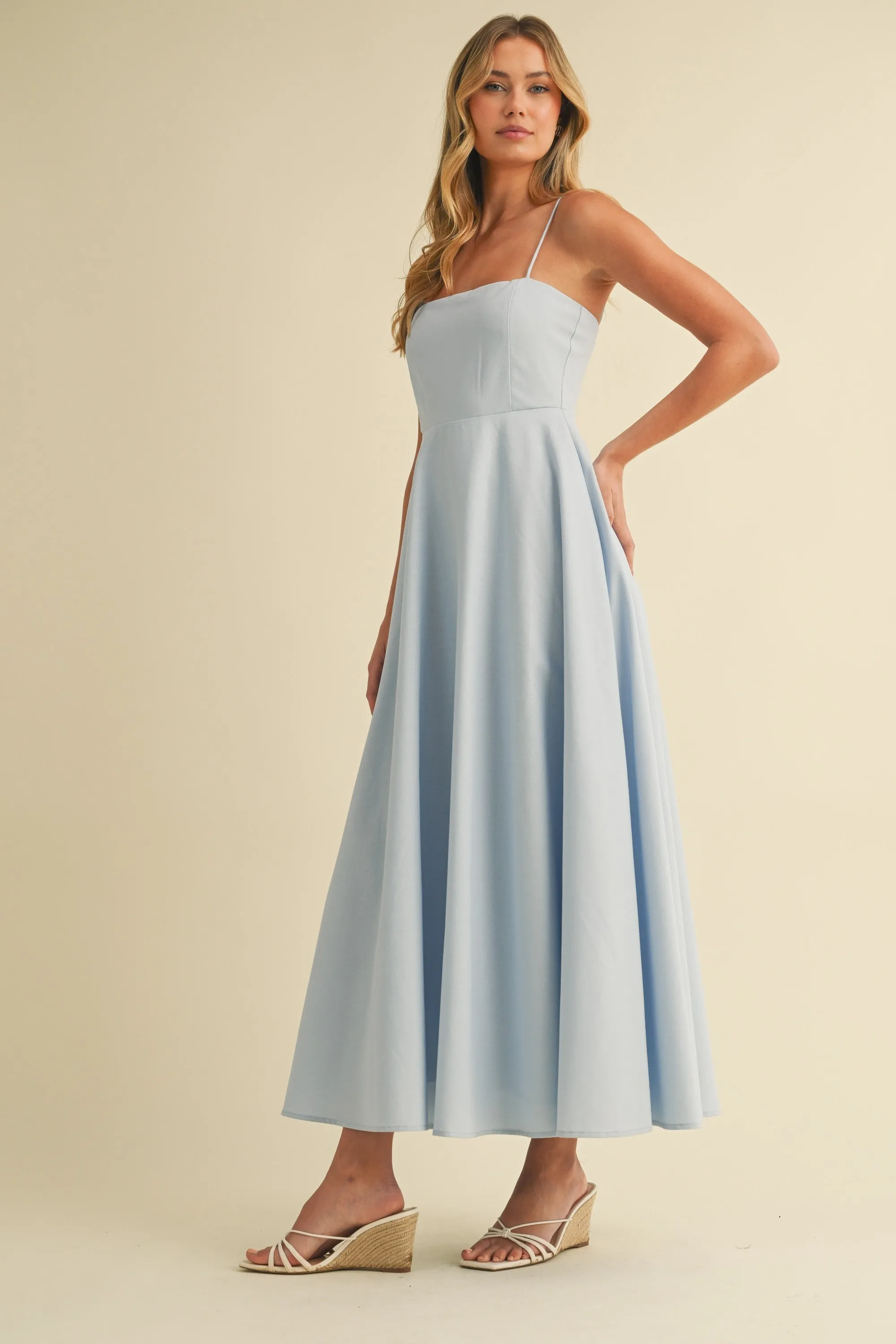 Light Blue Linen A-Line Flared Midi Dress sold by Pinkblush product image thumbnail 3