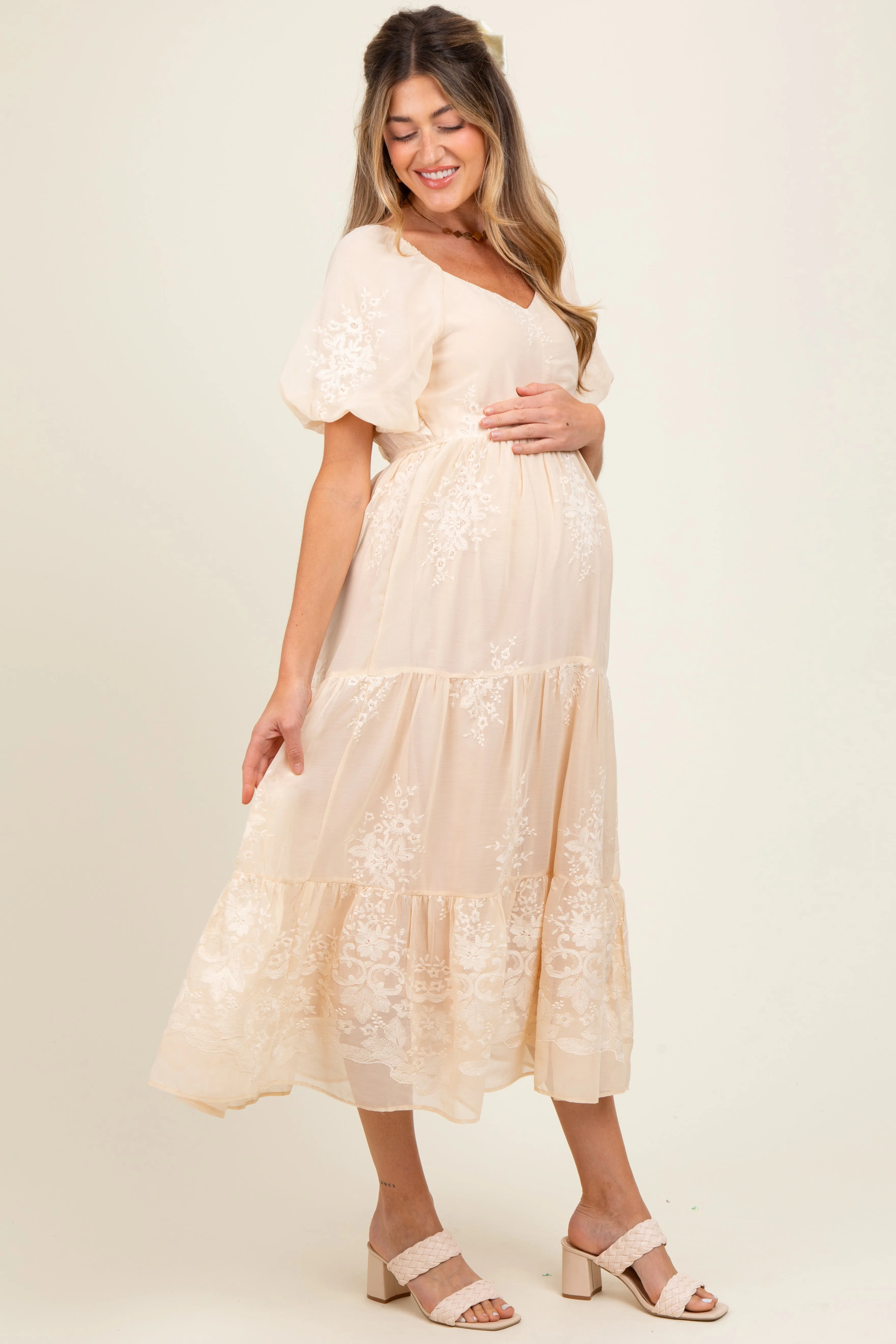 Beige Floral Embroidered Chiffon Maternity Midi Dress sold by Pinkblush product image thumbnail 2