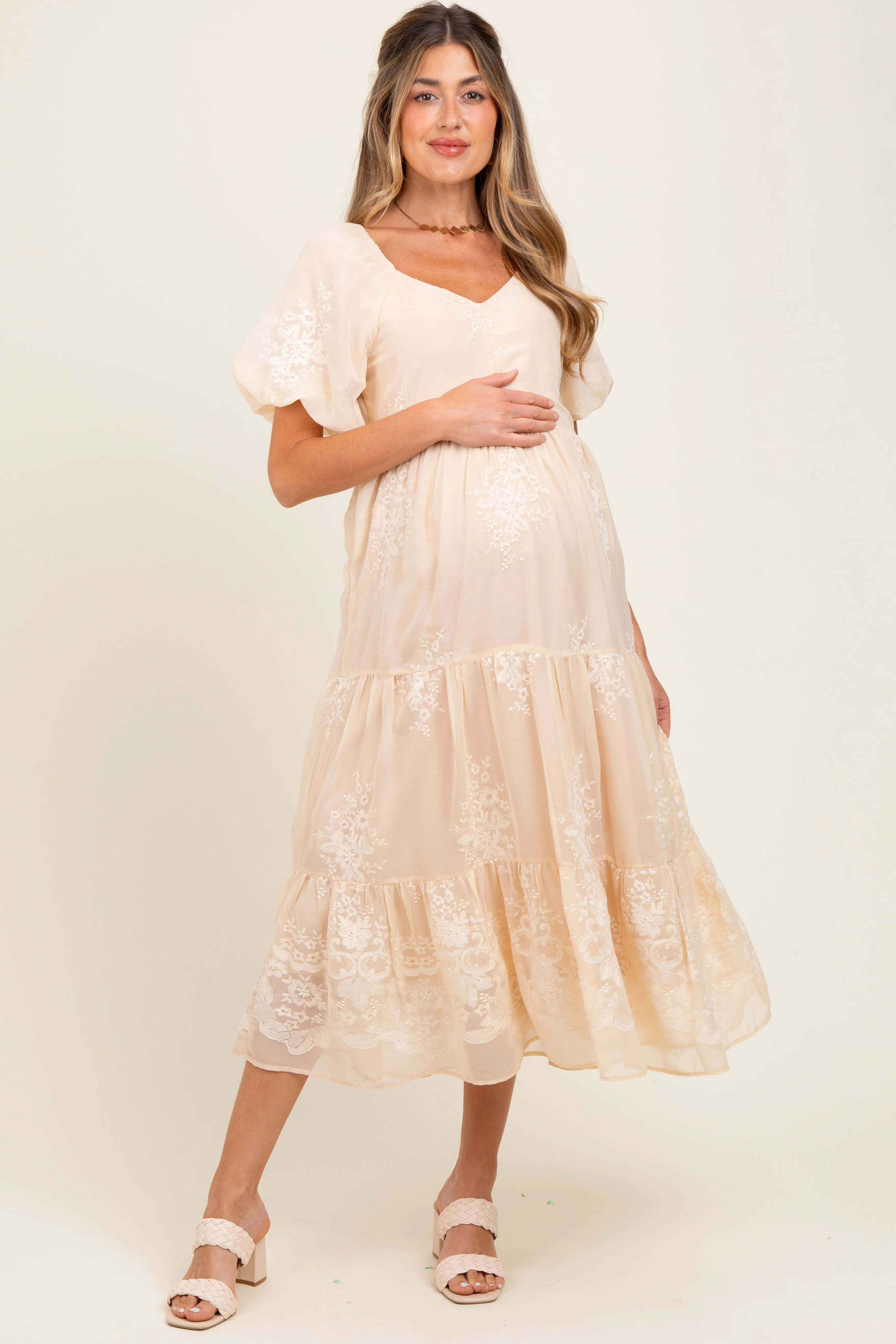 Beige Floral Embroidered Chiffon Maternity Midi Dress sold by Pinkblush