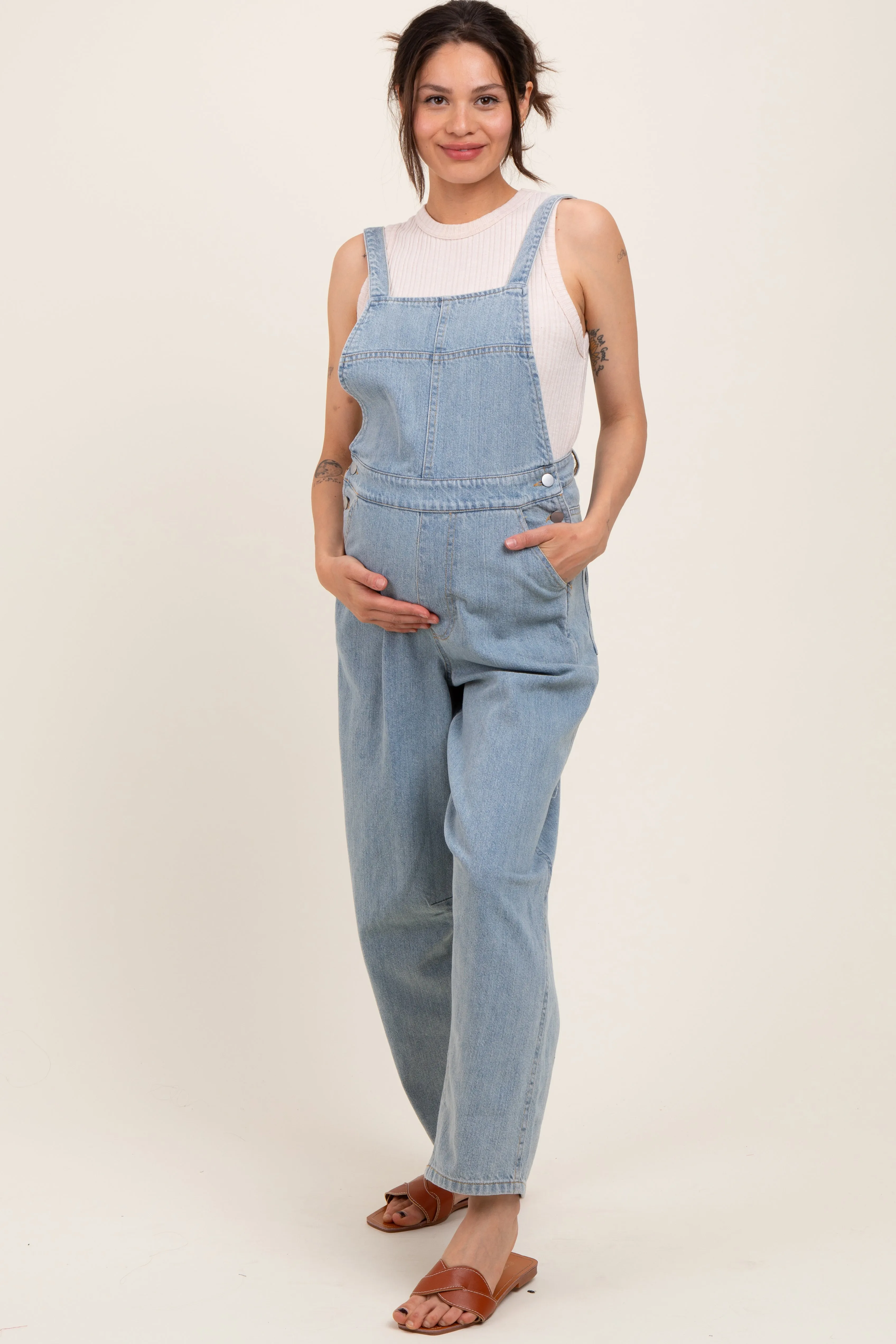 Light Blue Washed Maternity Denim Overalls sold by Pinkblush