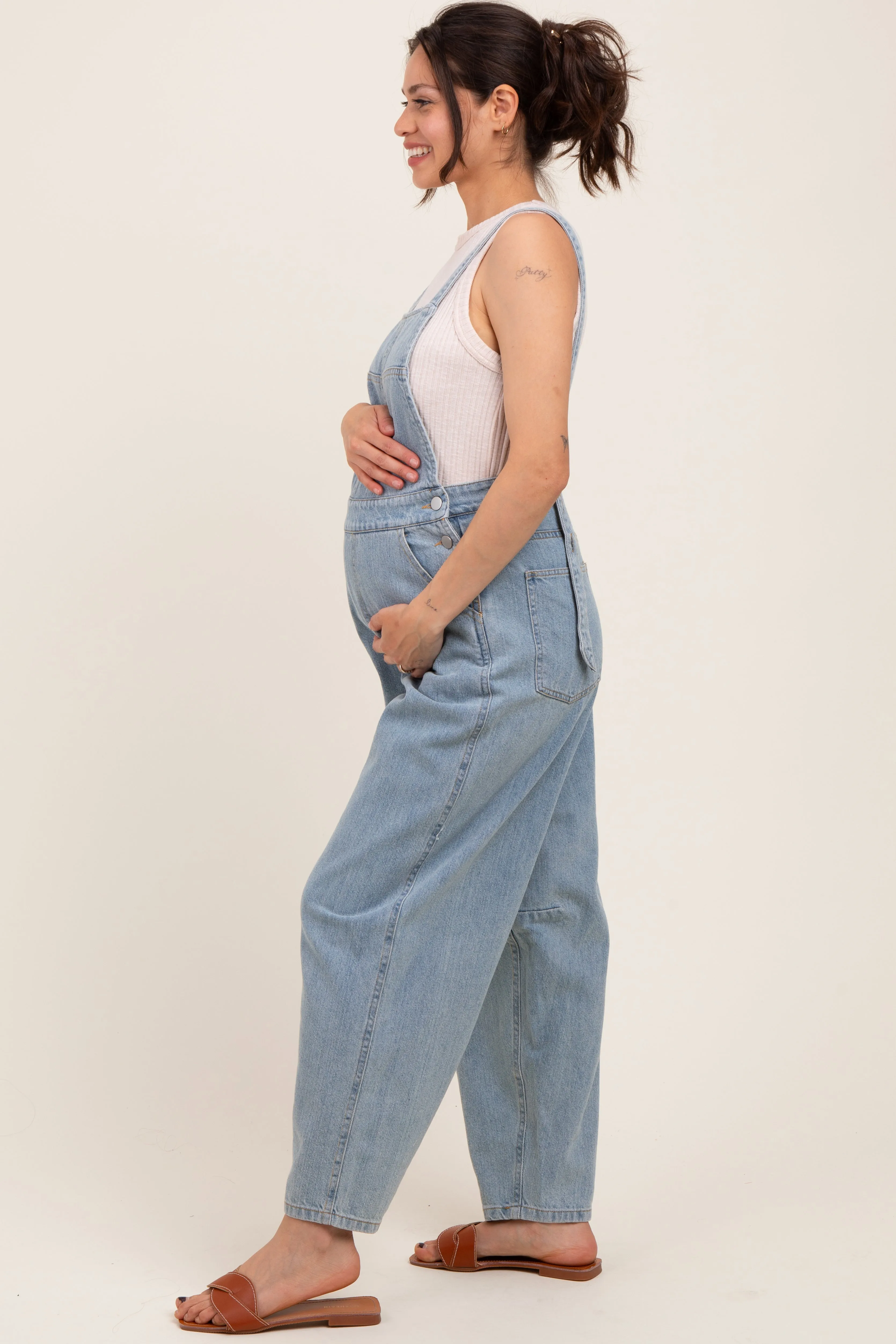 Light Blue Washed Maternity Denim Overalls sold by Pinkblush product image thumbnail 3