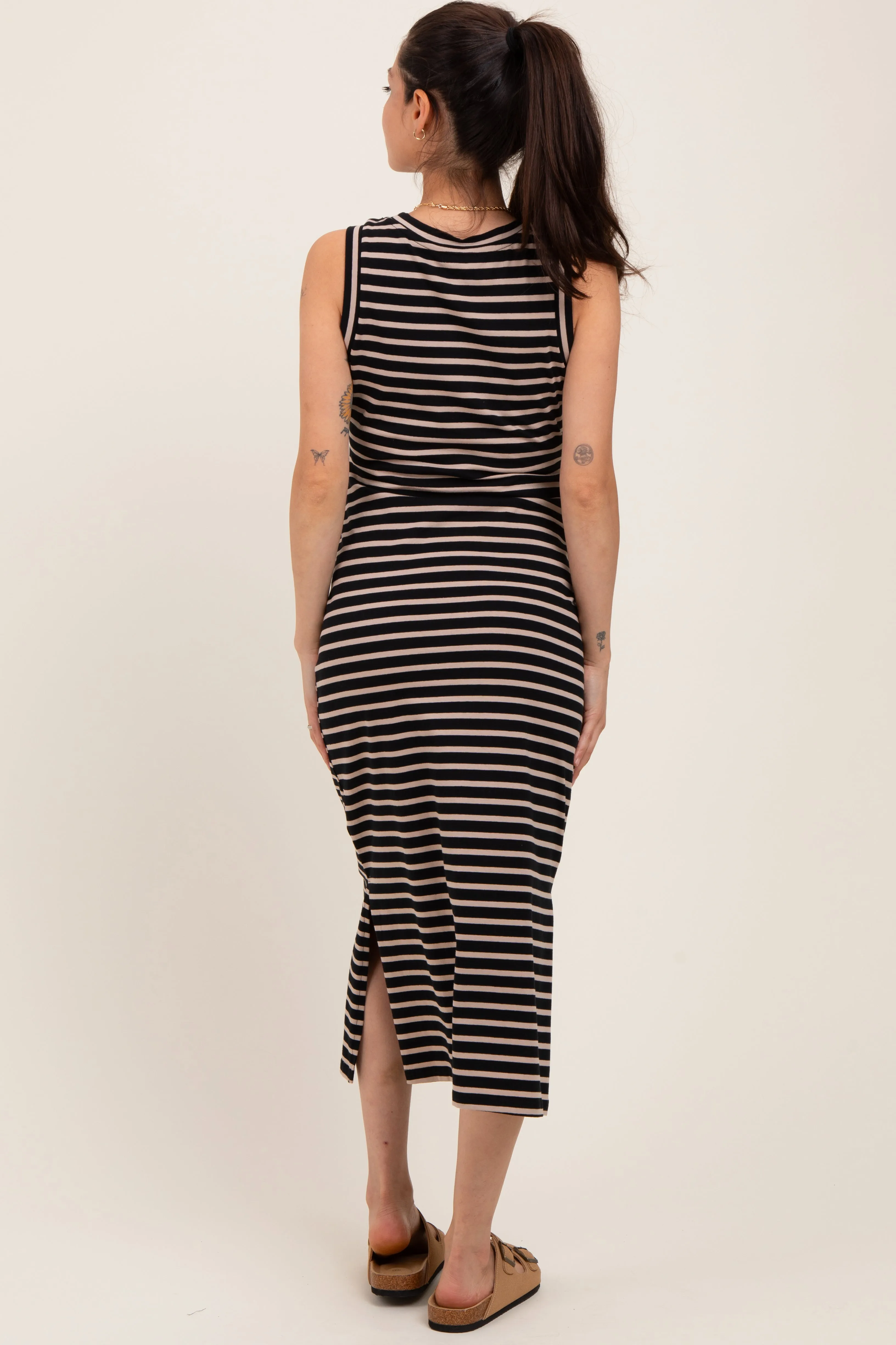 Black Striped Sleeveless Side Slit Maternity Midi Dress sold by Pinkblush product image thumbnail 4