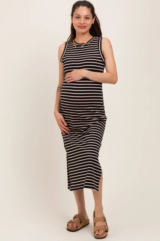 Black Striped Sleeveless Side Slit Maternity Midi Dress sold by Pinkblush
