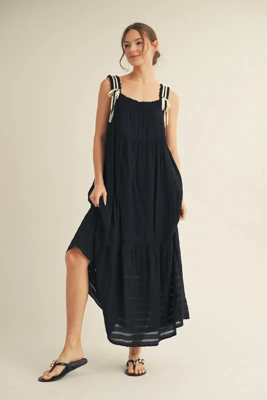 Black Bow Tie Accent Tiered Maxi Dress sold by Pinkblush