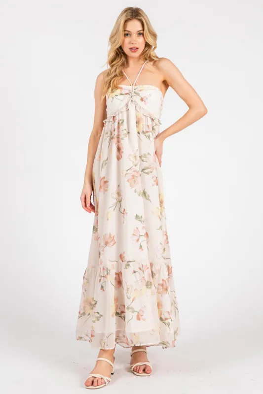 Cream Floral Chiffon Halter Maxi Dress sold by Pinkblush