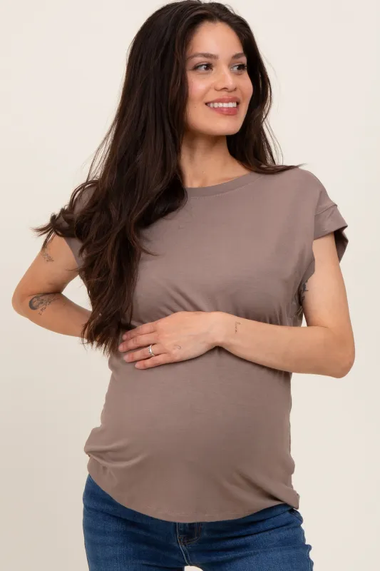 Taupe Crew Neck Maternity Muscle Tee sold by Pinkblush
