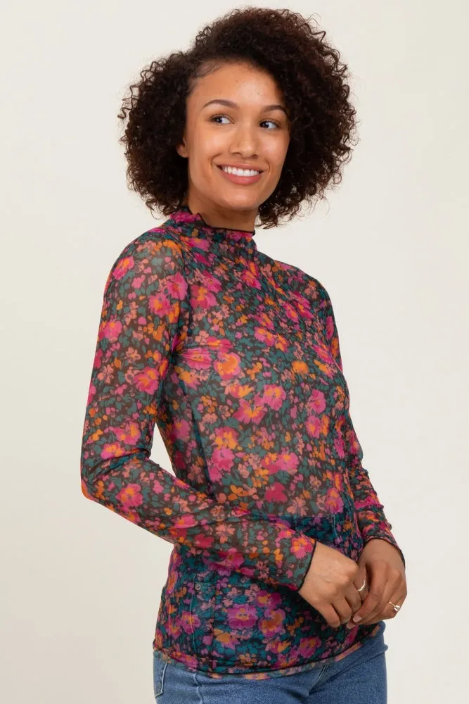 Black Floral Mesh Long Sleeve Turtle Neck Top sold by Pinkblush product image thumbnail 3