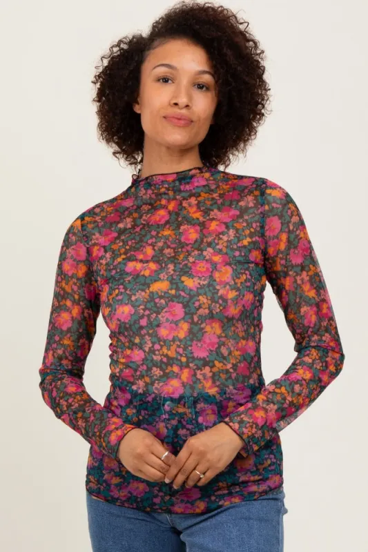 Black Floral Mesh Long Sleeve Turtle Neck Top sold by Pinkblush