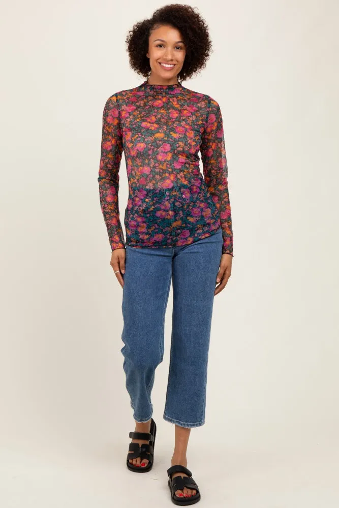 Black Floral Mesh Long Sleeve Turtle Neck Top sold by Pinkblush product image thumbnail 2