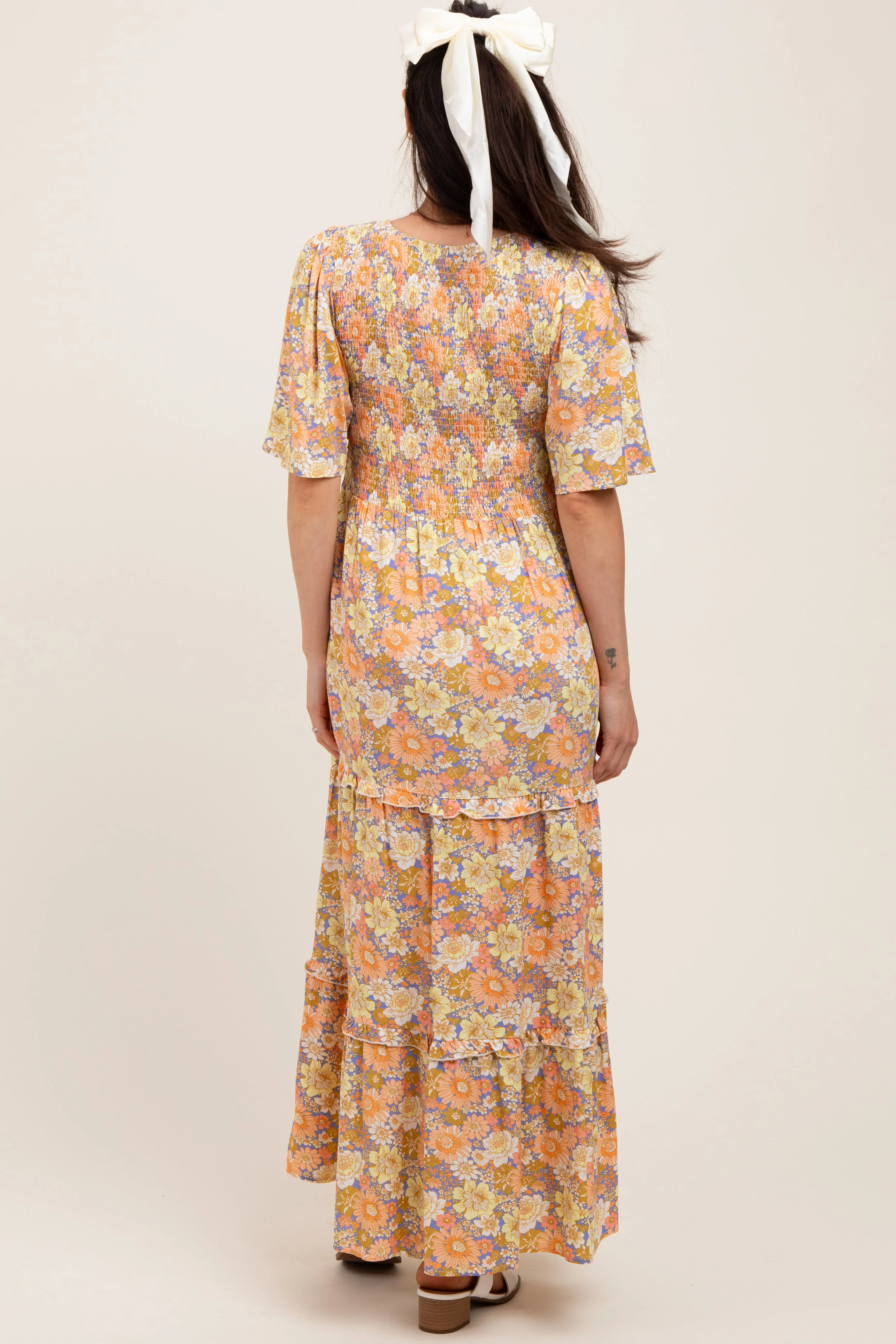 Peach Floral Smocked Ruffle Tier Maternity Maxi Dress sold by Pinkblush product image thumbnail 3