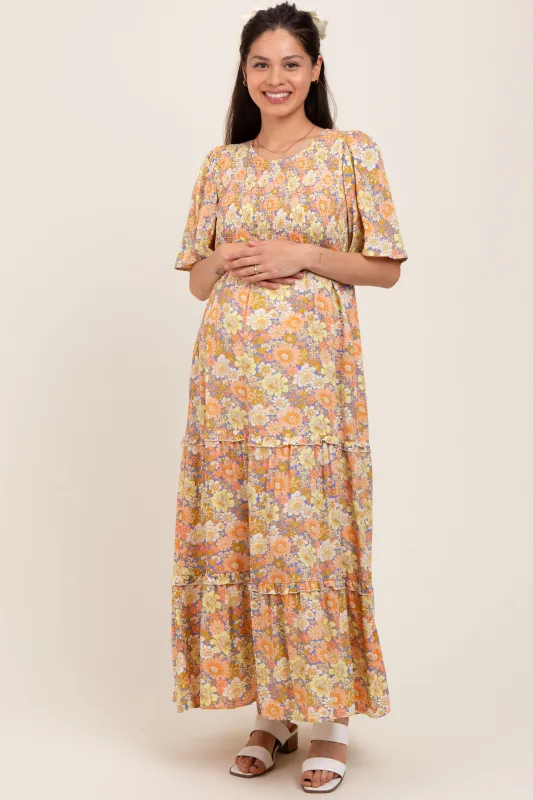 Peach Floral Smocked Ruffle Tier Maternity Maxi Dress sold by Pinkblush