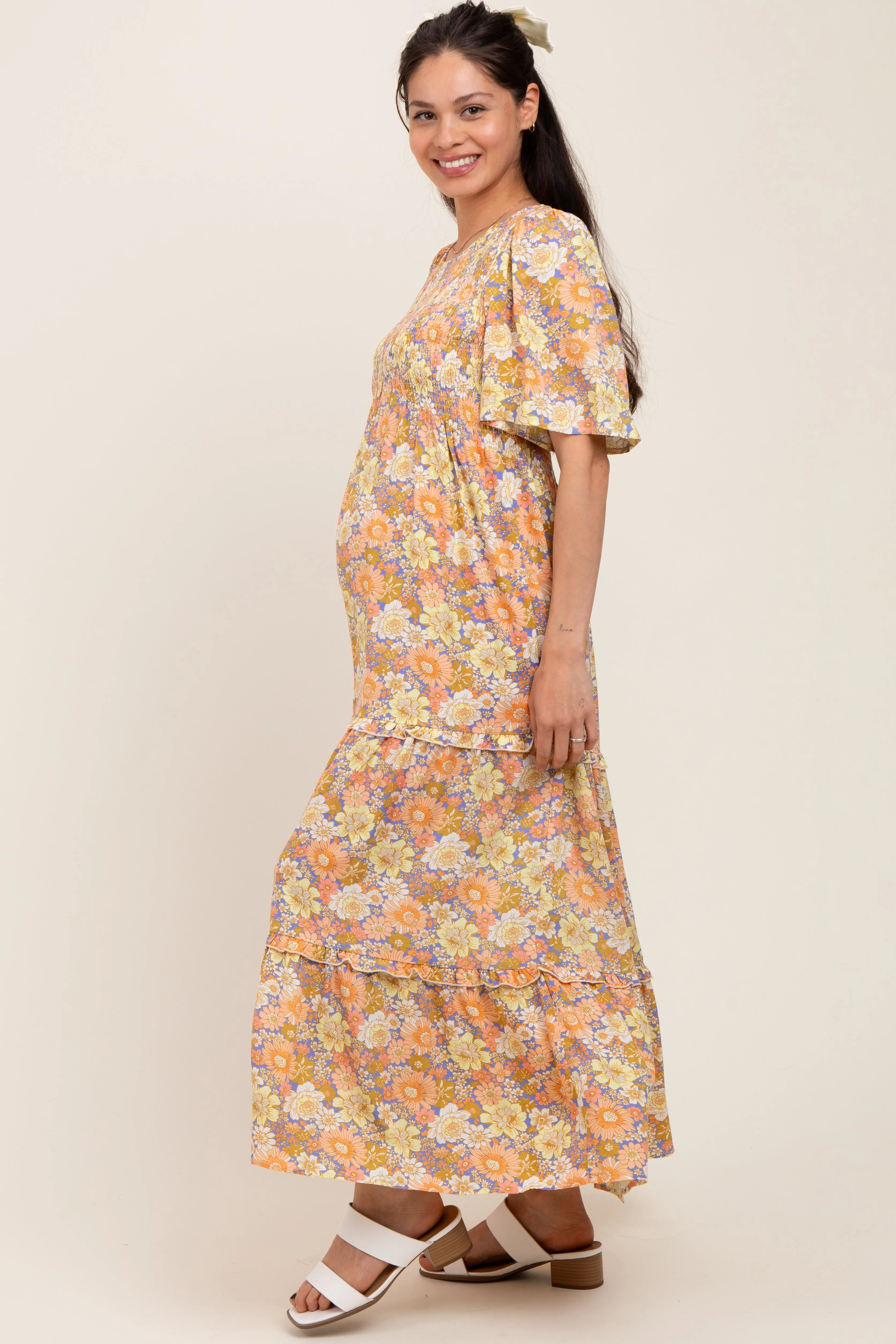 Peach Floral Smocked Ruffle Tier Maternity Maxi Dress sold by Pinkblush product image thumbnail 2