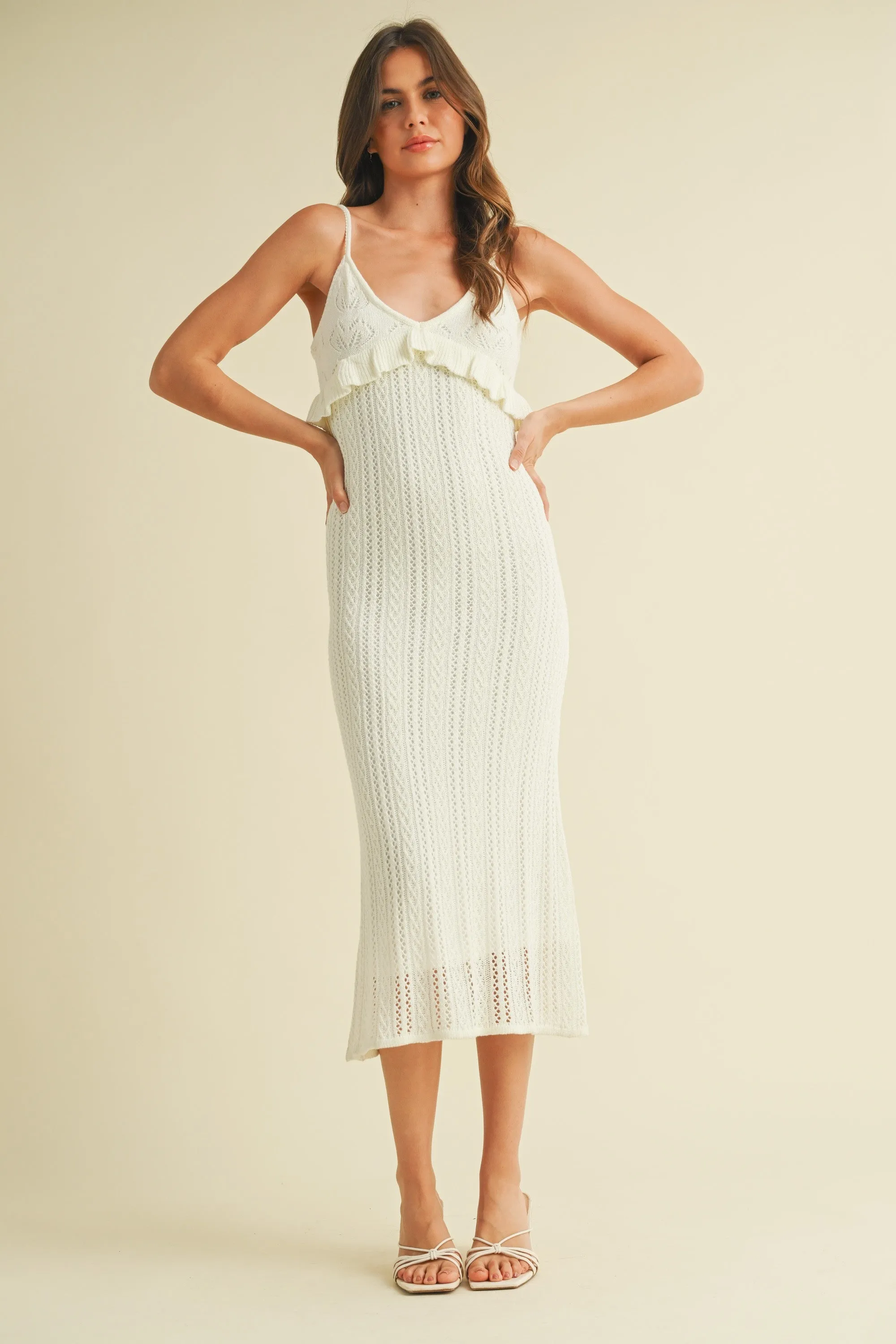 Ivory Sleeveless Frill Sweater Midi Dress sold by Pinkblush