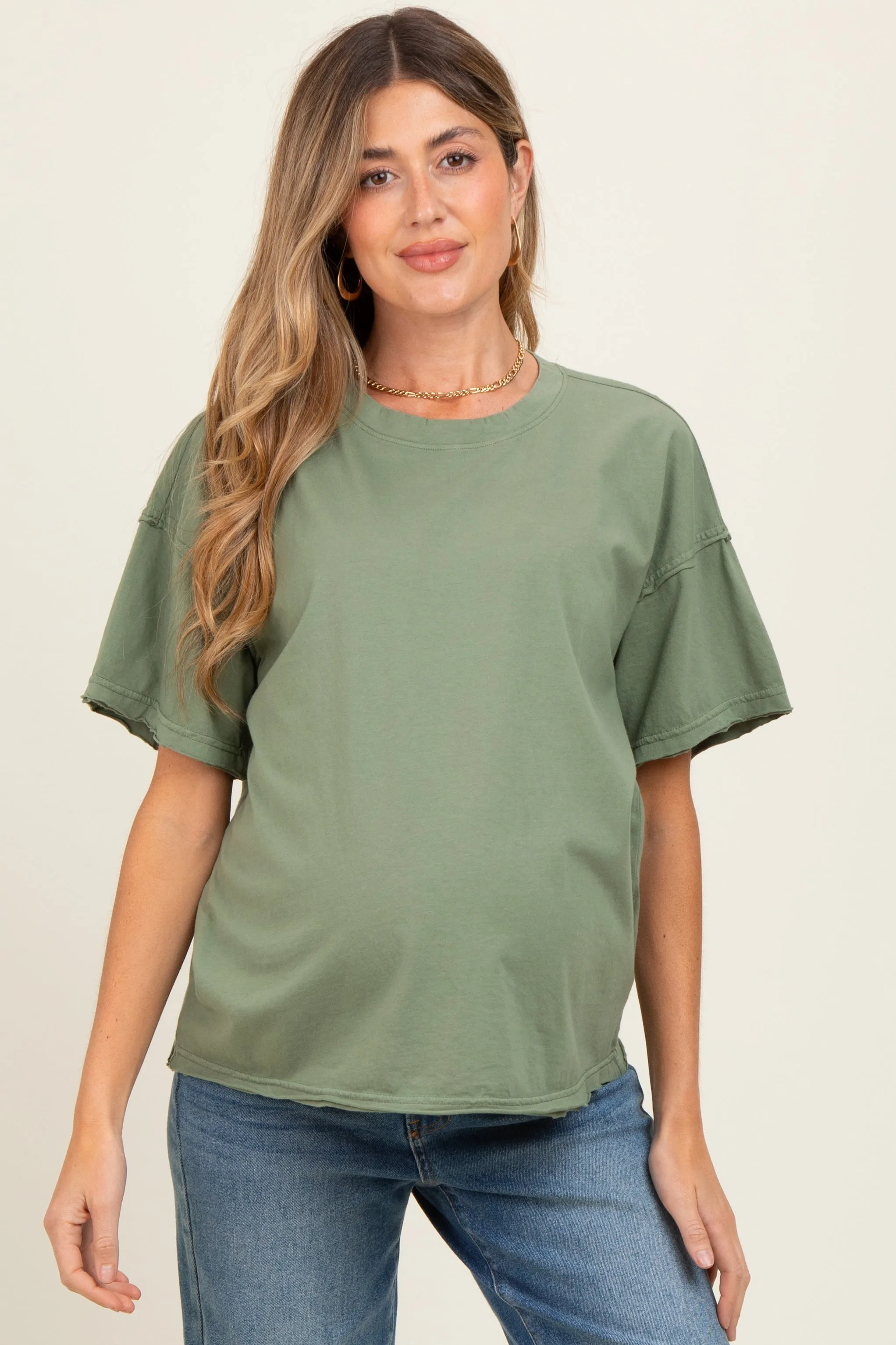 Olive Boxy Raw Edge Maternity Short Sleeve Tee sold by Pinkblush