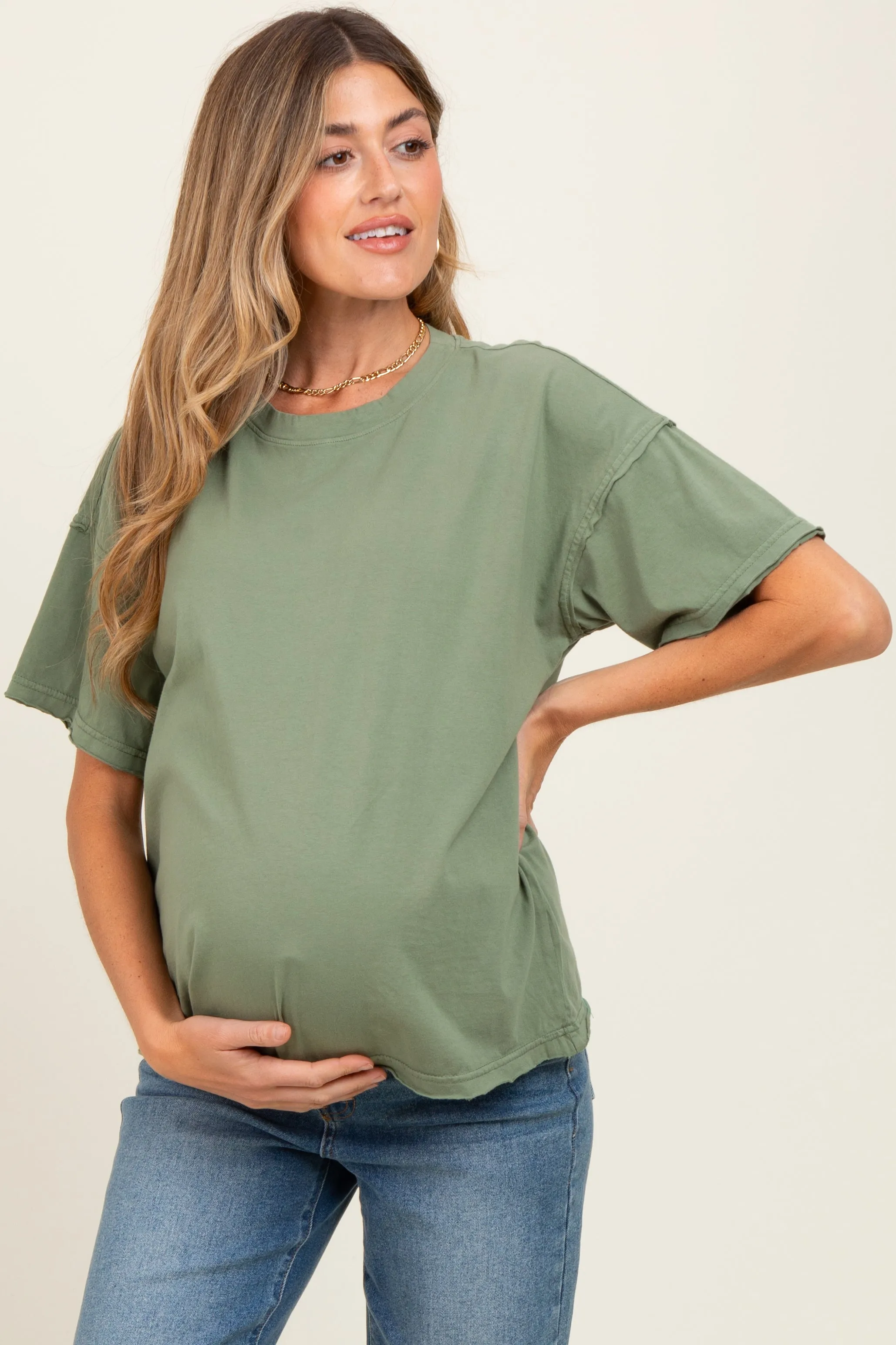 Olive Boxy Raw Edge Maternity Short Sleeve Tee sold by Pinkblush product image thumbnail 2