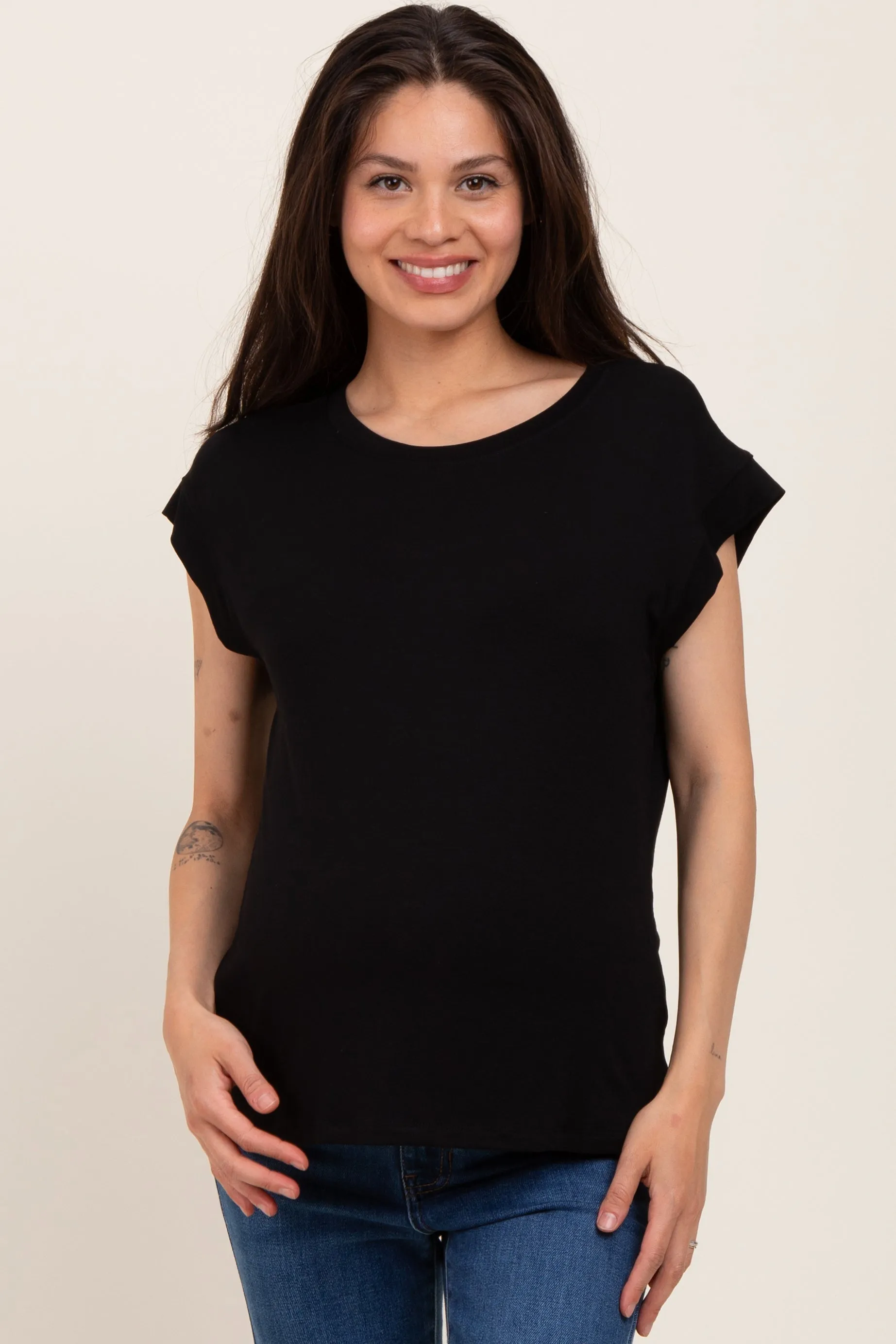 Black Crew Neck Maternity Muscle Tee sold by Pinkblush
