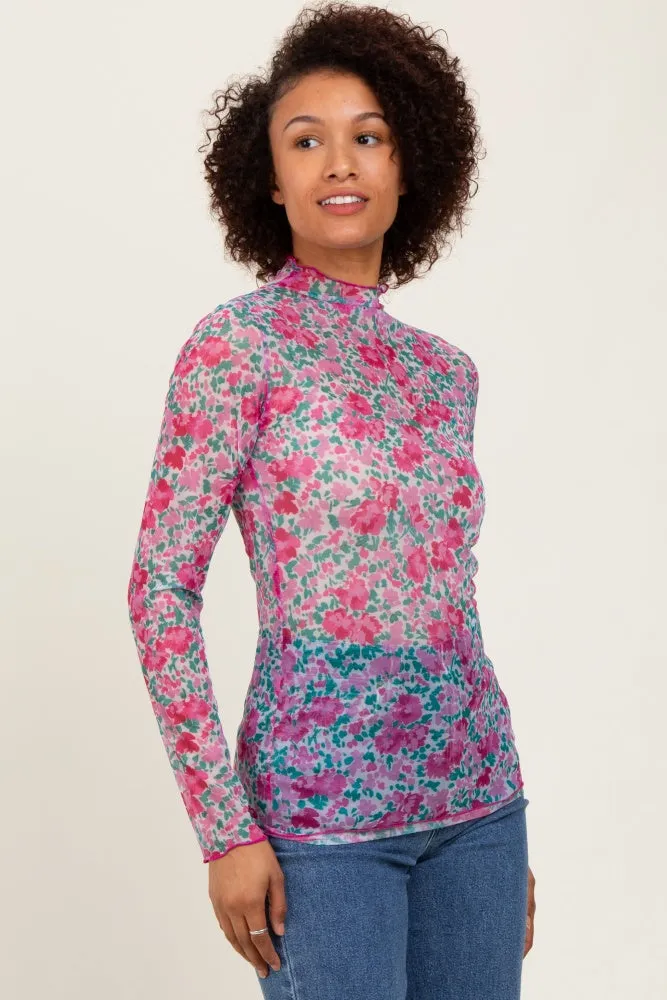 Pink Floral Mesh Long Sleeve Turtle Neck Top sold by Pinkblush product image thumbnail 2