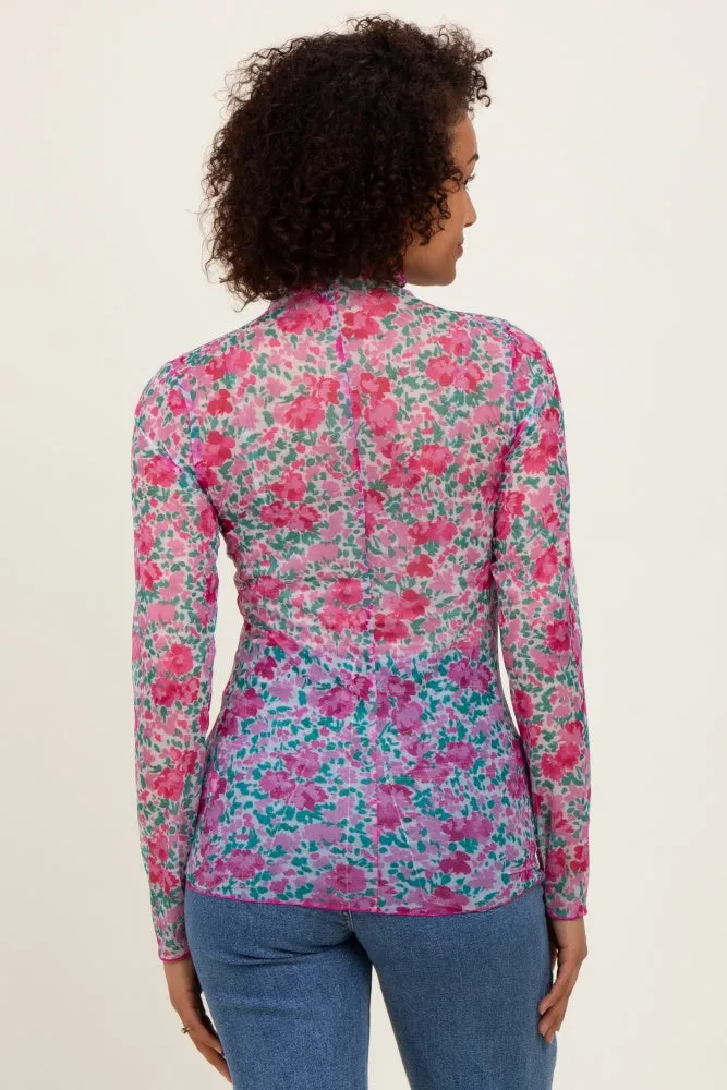 Pink Floral Mesh Long Sleeve Turtle Neck Top sold by Pinkblush product image thumbnail 3
