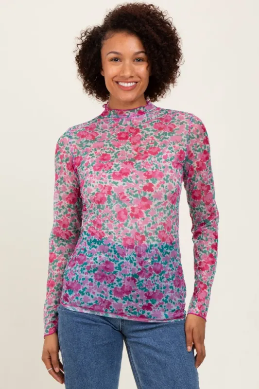 Pink Floral Mesh Long Sleeve Turtle Neck Top sold by Pinkblush