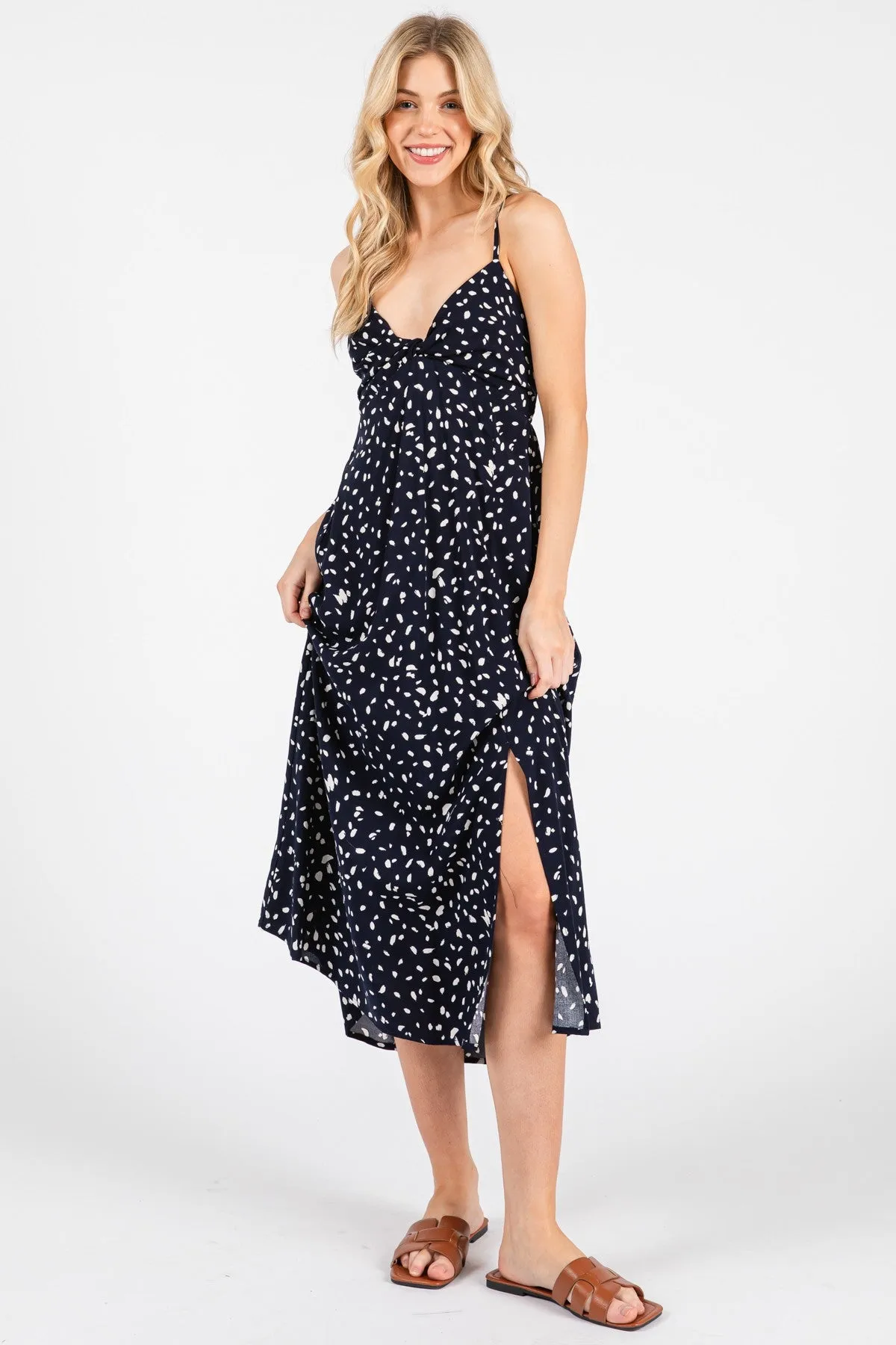 Navy Printed Front Twist Sleeveless Midi Dress sold by Pinkblush