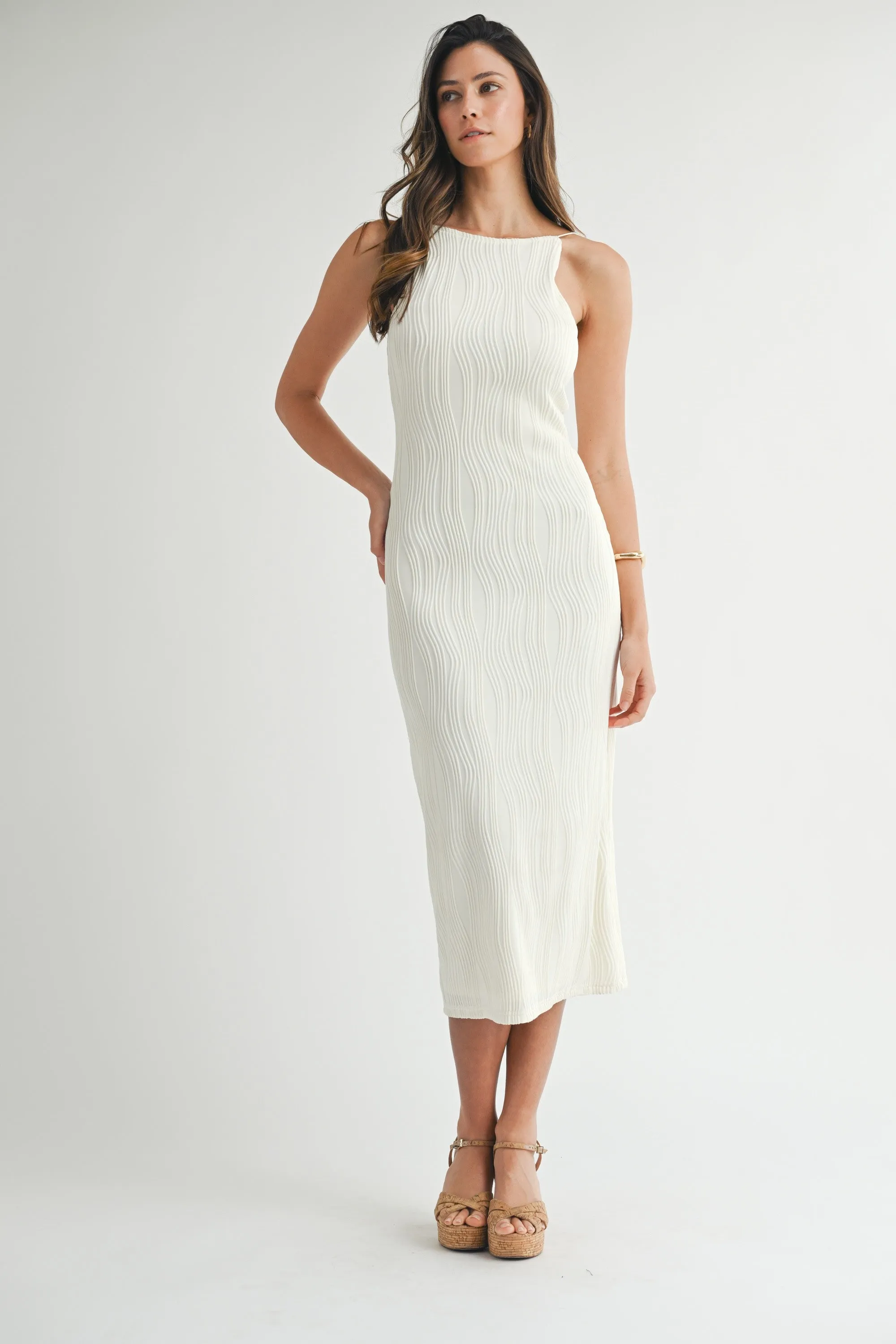 Ivory Textured Sleeveless Fitted Midi Dress sold by Pinkblush