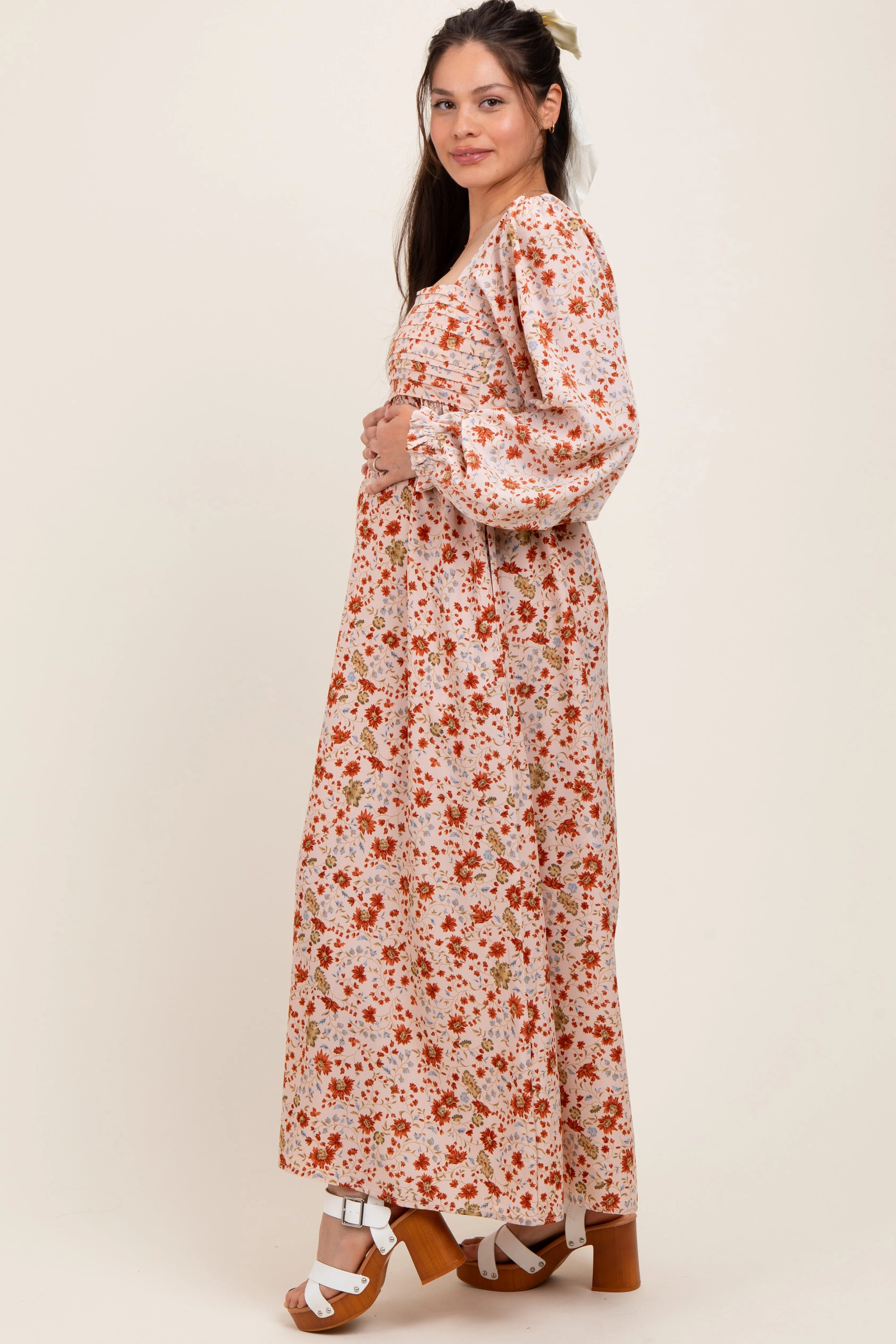 Cream Floral Pleated Bust Long Sleeve Maternity Maxi Dress sold by Pinkblush product image thumbnail 2