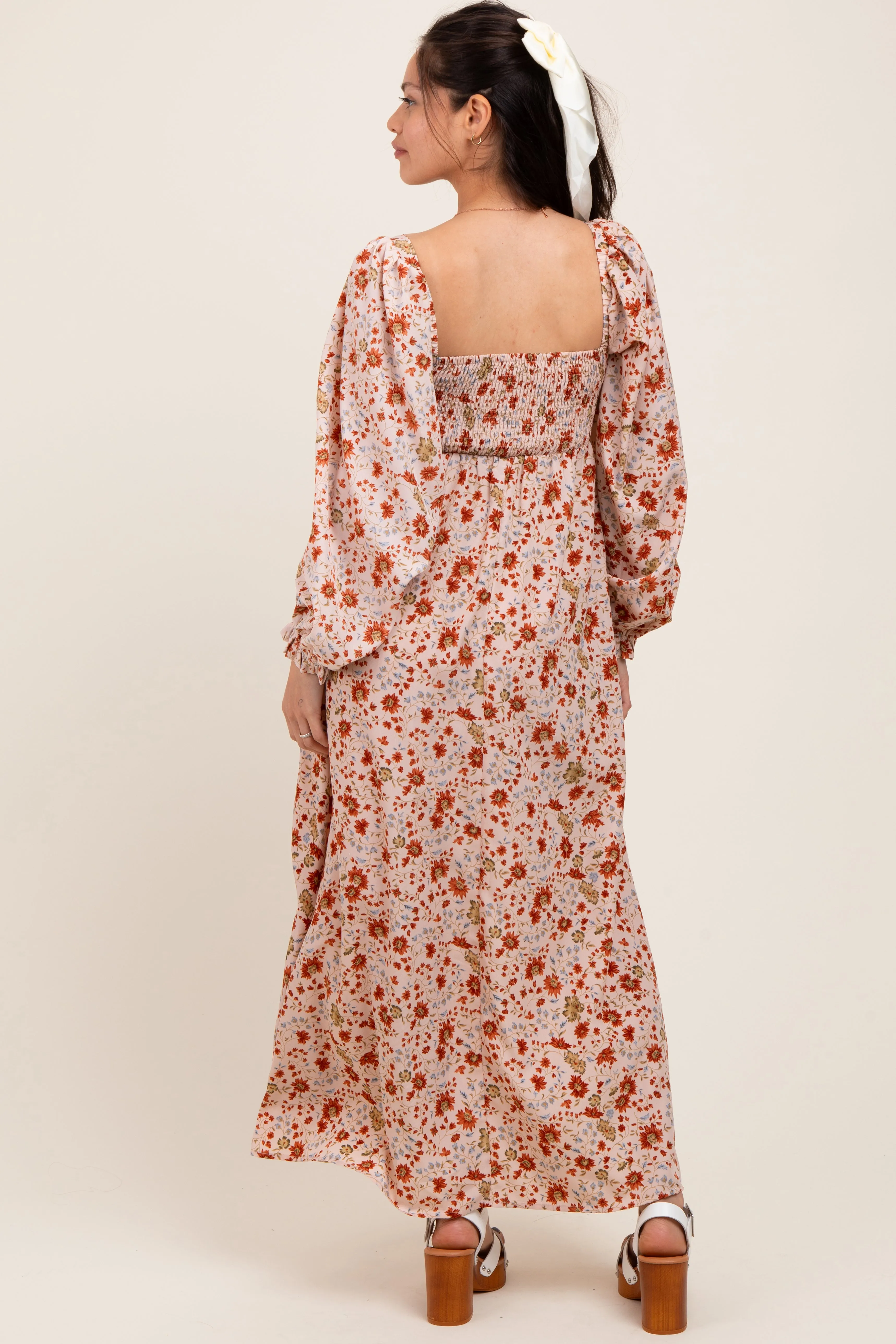 Cream Floral Pleated Bust Long Sleeve Maternity Maxi Dress sold by Pinkblush product image thumbnail 3