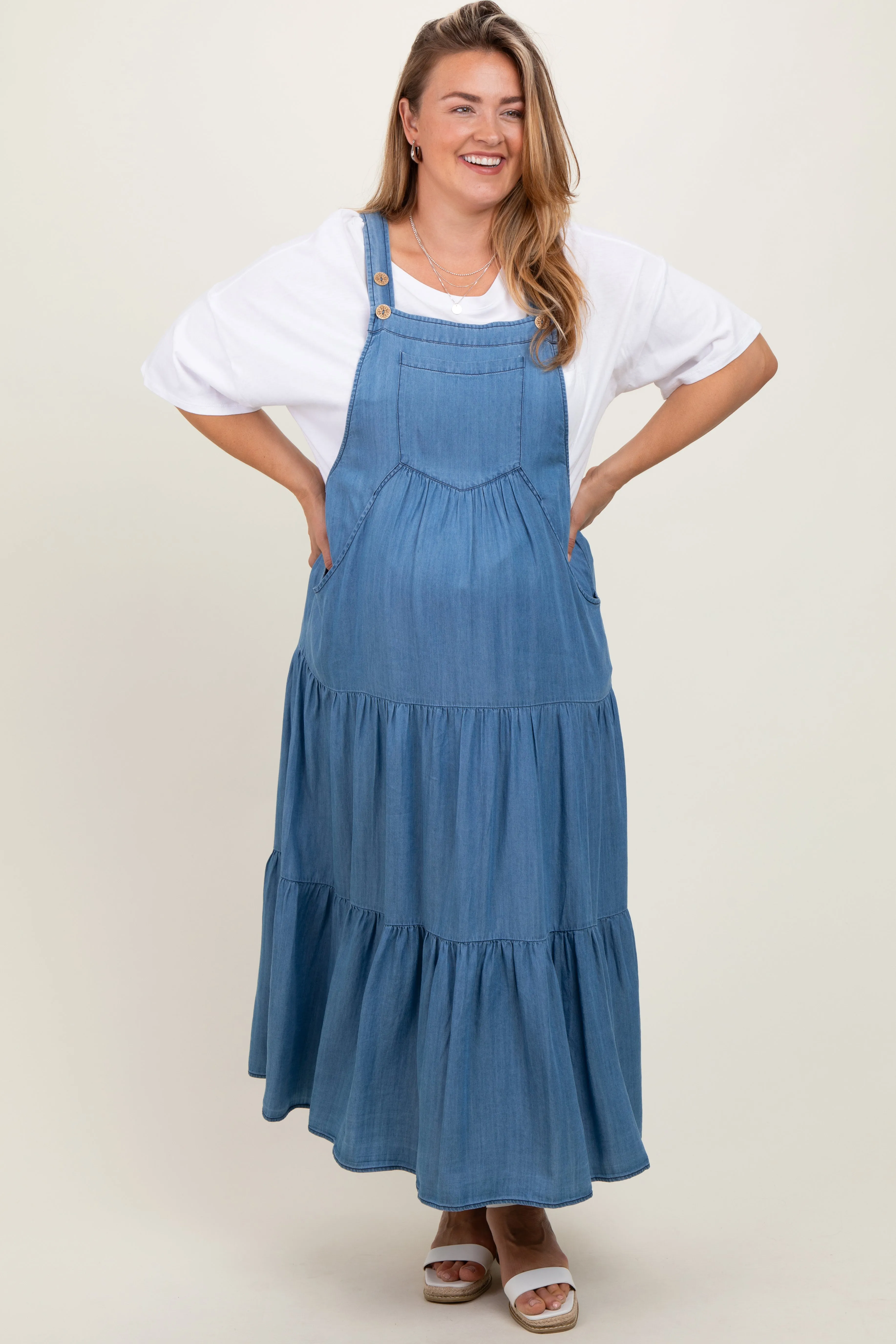 Blue Chambray Overall Tiered Plus Midi Dress sold by Pinkblush