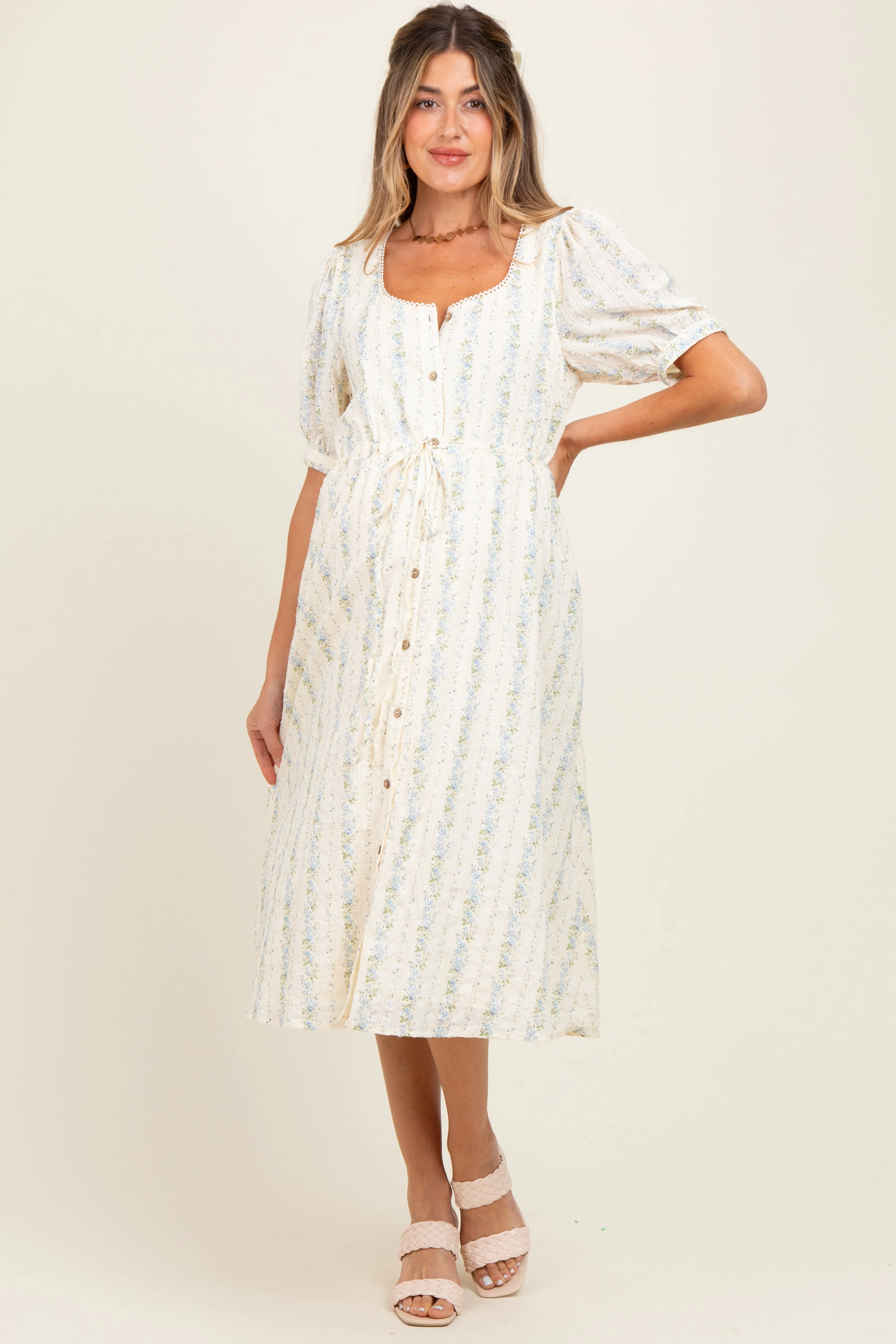 Light Blue Swiss Dot Floral Print Button Down Maternity Midi Dress sold by Pinkblush product image thumbnail 2