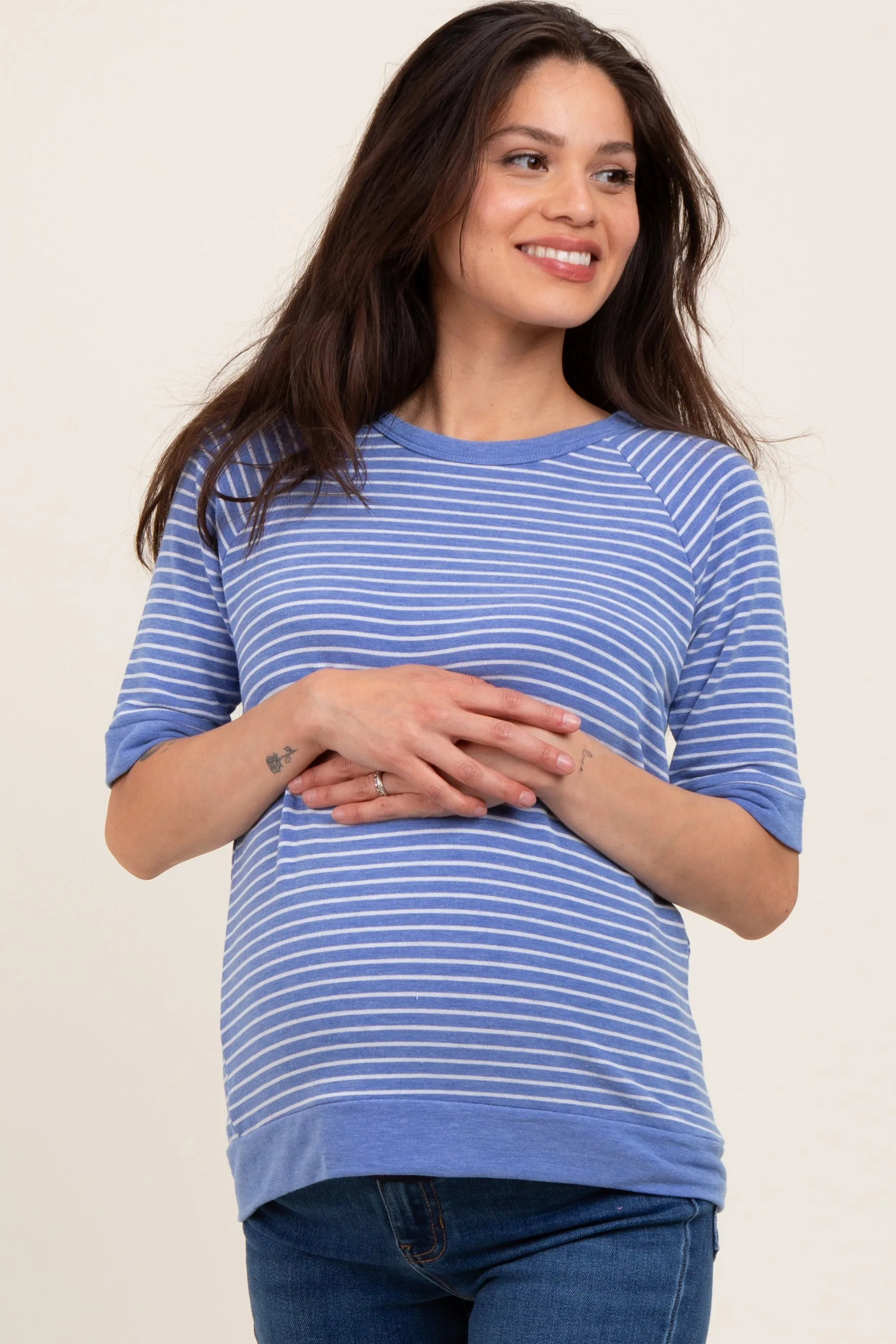 Blue Terry Striped Raglan Sleeve Maternity Top sold by Pinkblush
