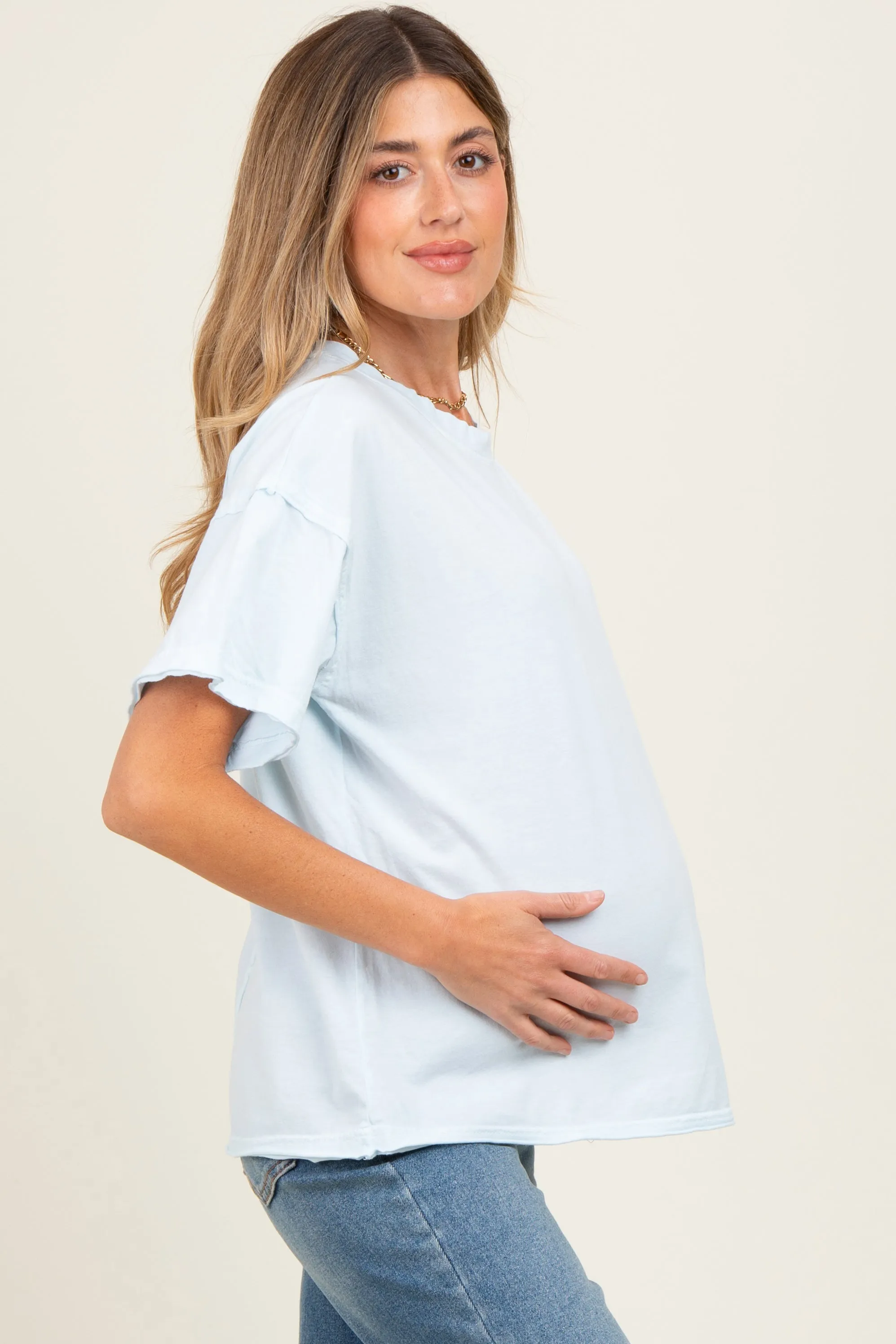 Light Blue Boxy Raw Edge Maternity Short Sleeve Tee sold by Pinkblush product image thumbnail 3