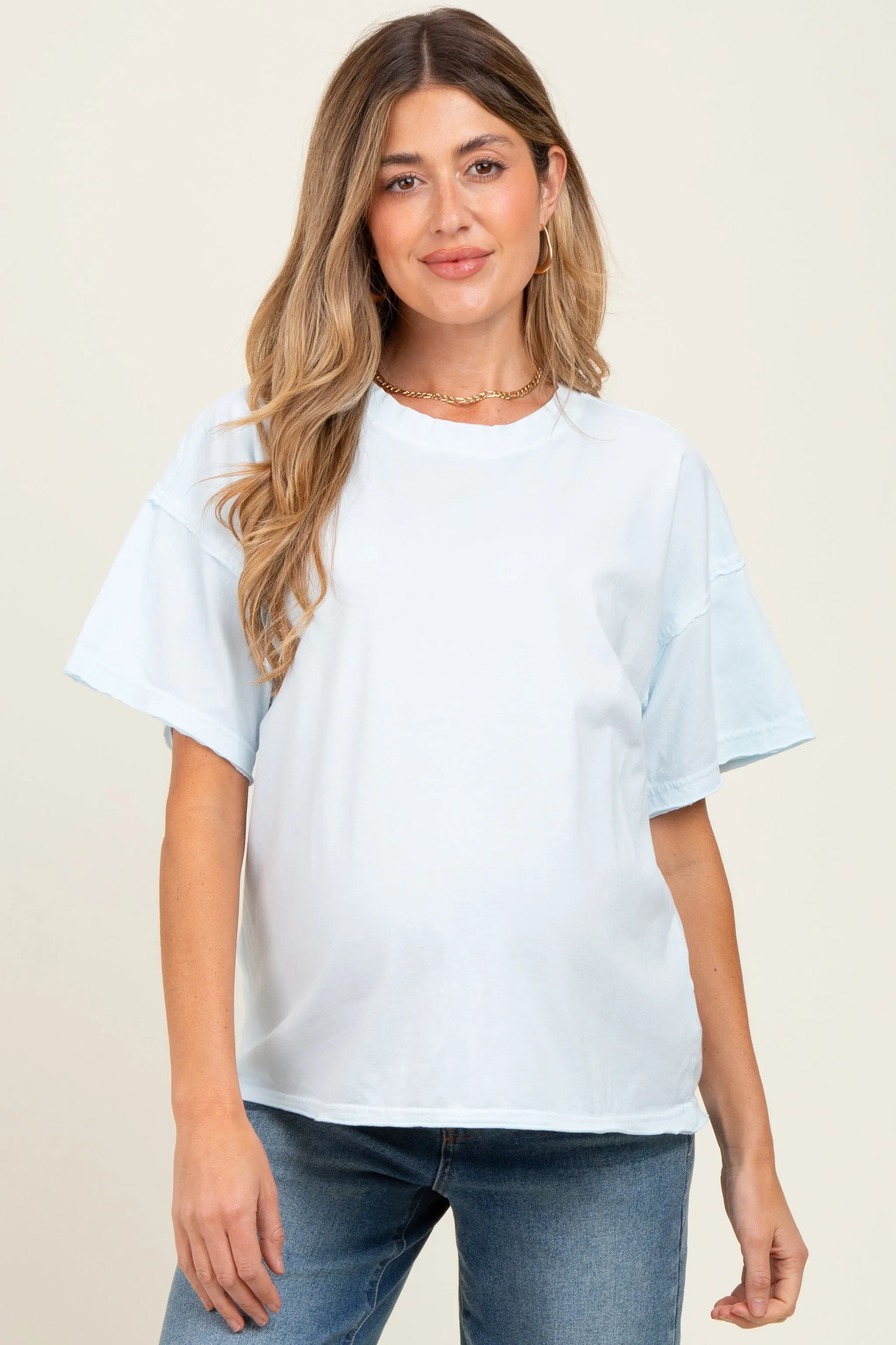 Light Blue Boxy Raw Edge Maternity Short Sleeve Tee sold by Pinkblush
