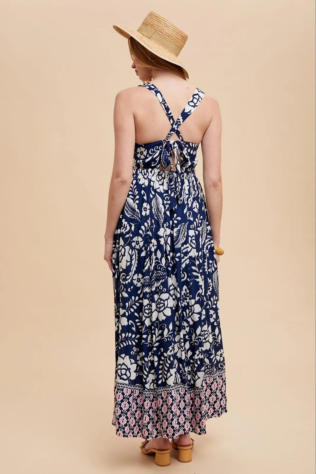 Navy Floral Crisscross Back Cutout Maxi Dress sold by Pinkblush product image thumbnail 4