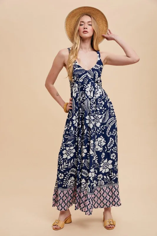 Navy Floral Crisscross Back Cutout Maxi Dress sold by Pinkblush