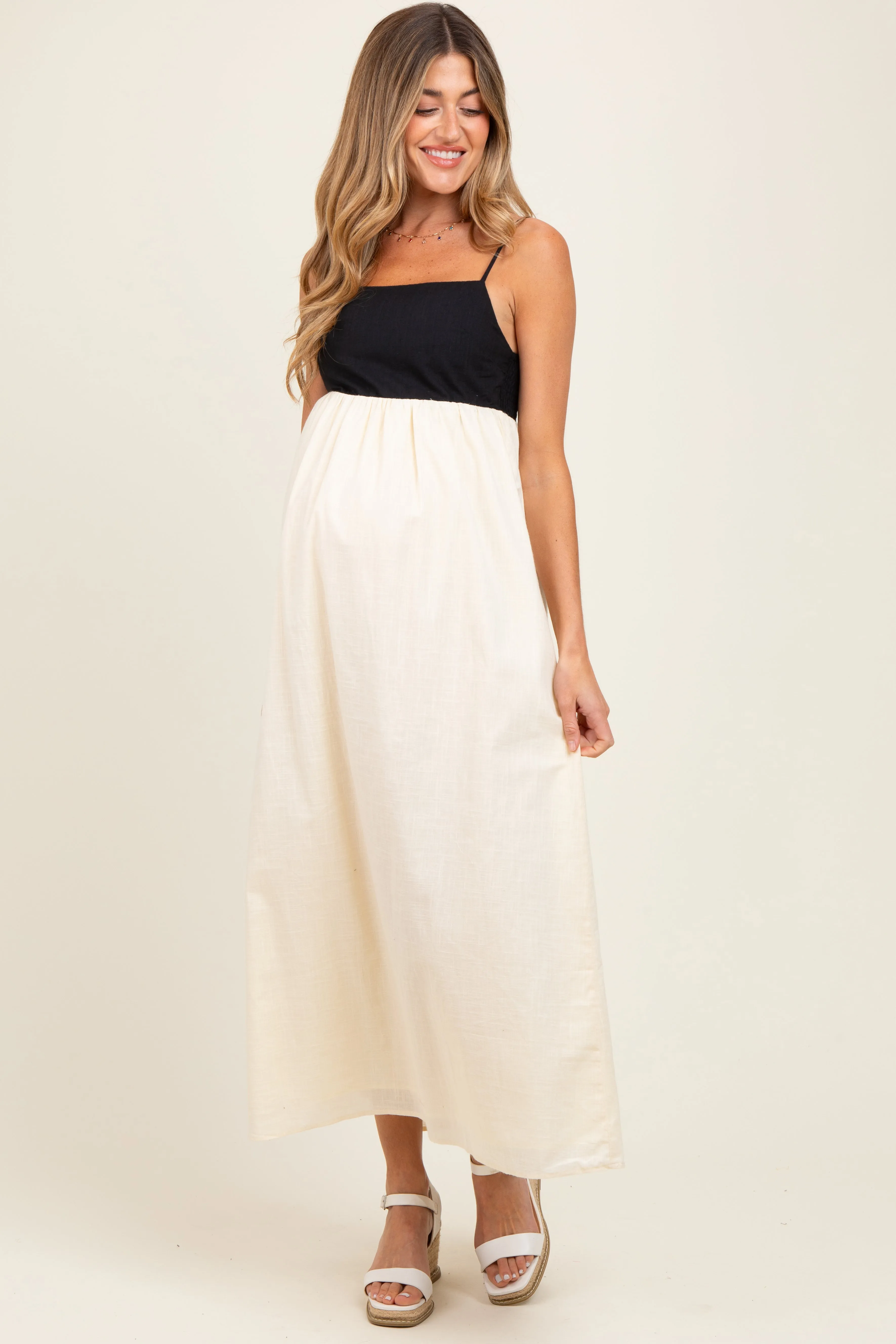 Cream Contrast Skirt Maternity Maxi Dress sold by Pinkblush