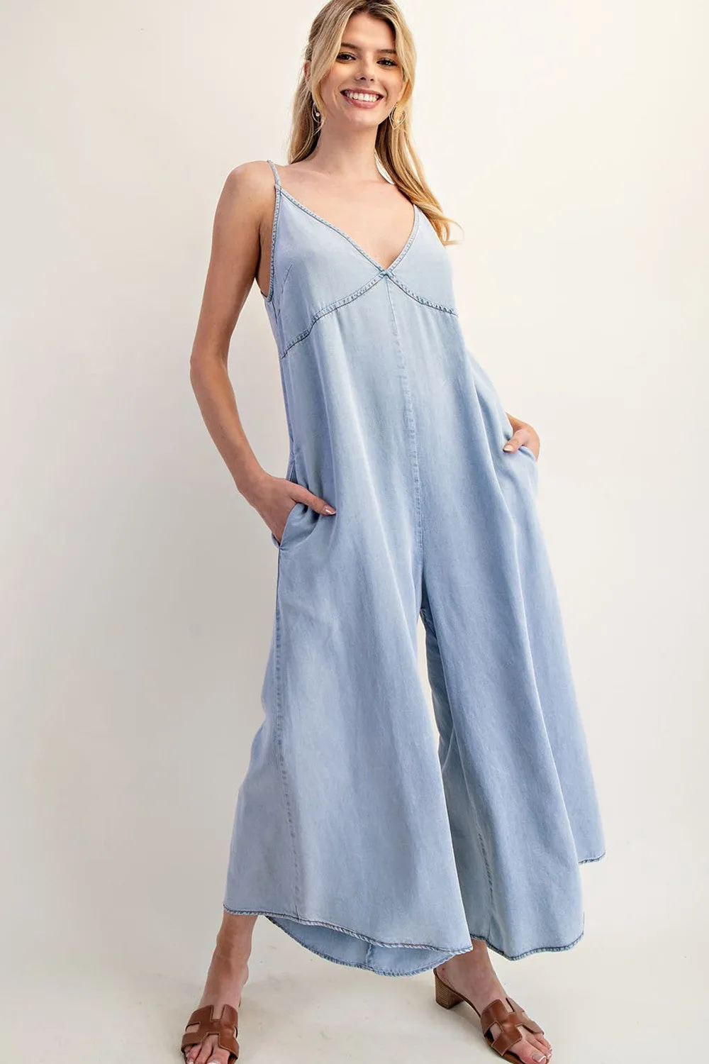 Light Blue Chambray V-Neck Sleeveless Wide Leg Jumpsuit sold by Pinkblush