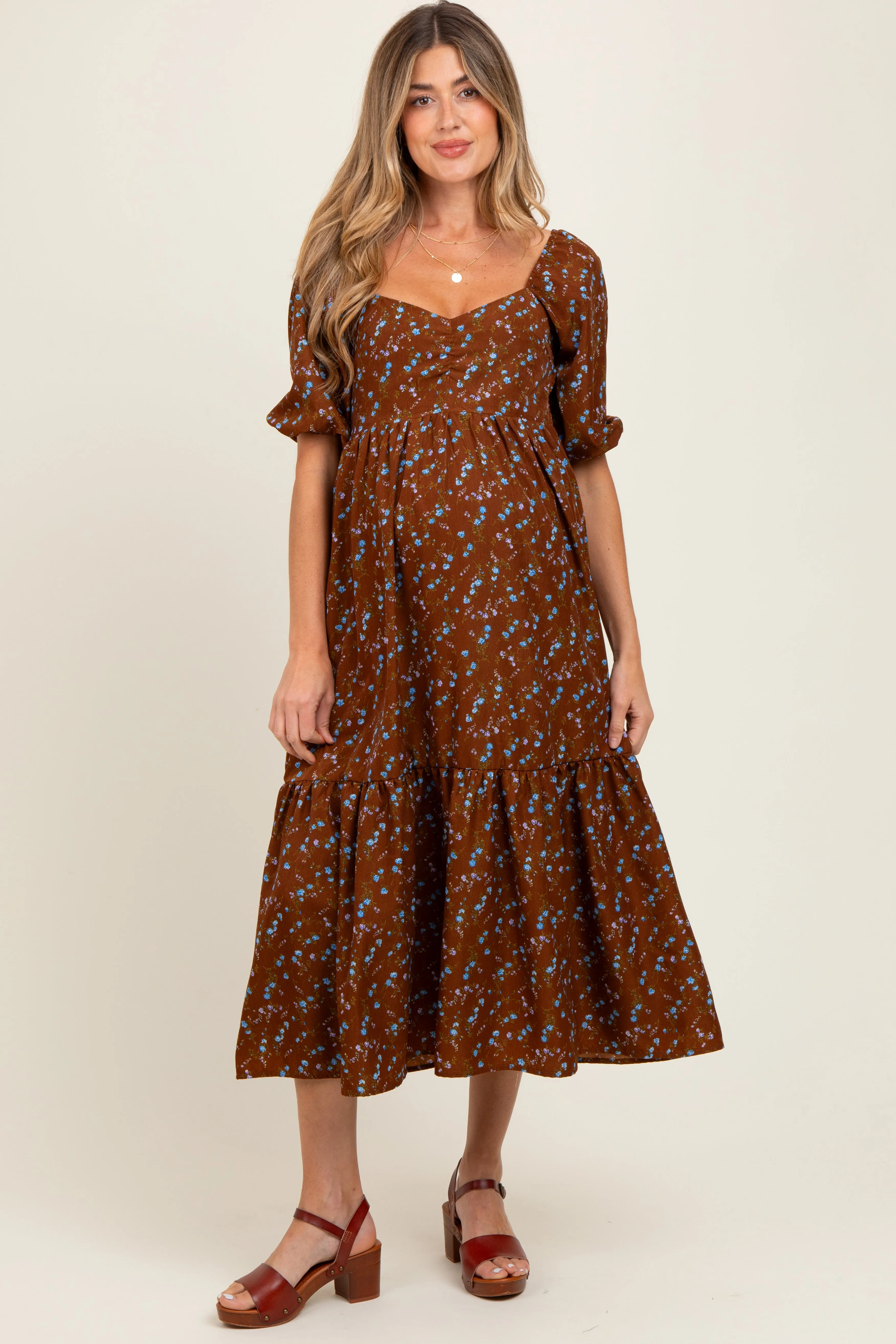 Mocha Floral Sweetheart Puff Sleeve Maternity Midi Dress sold by Pinkblush product image thumbnail 2