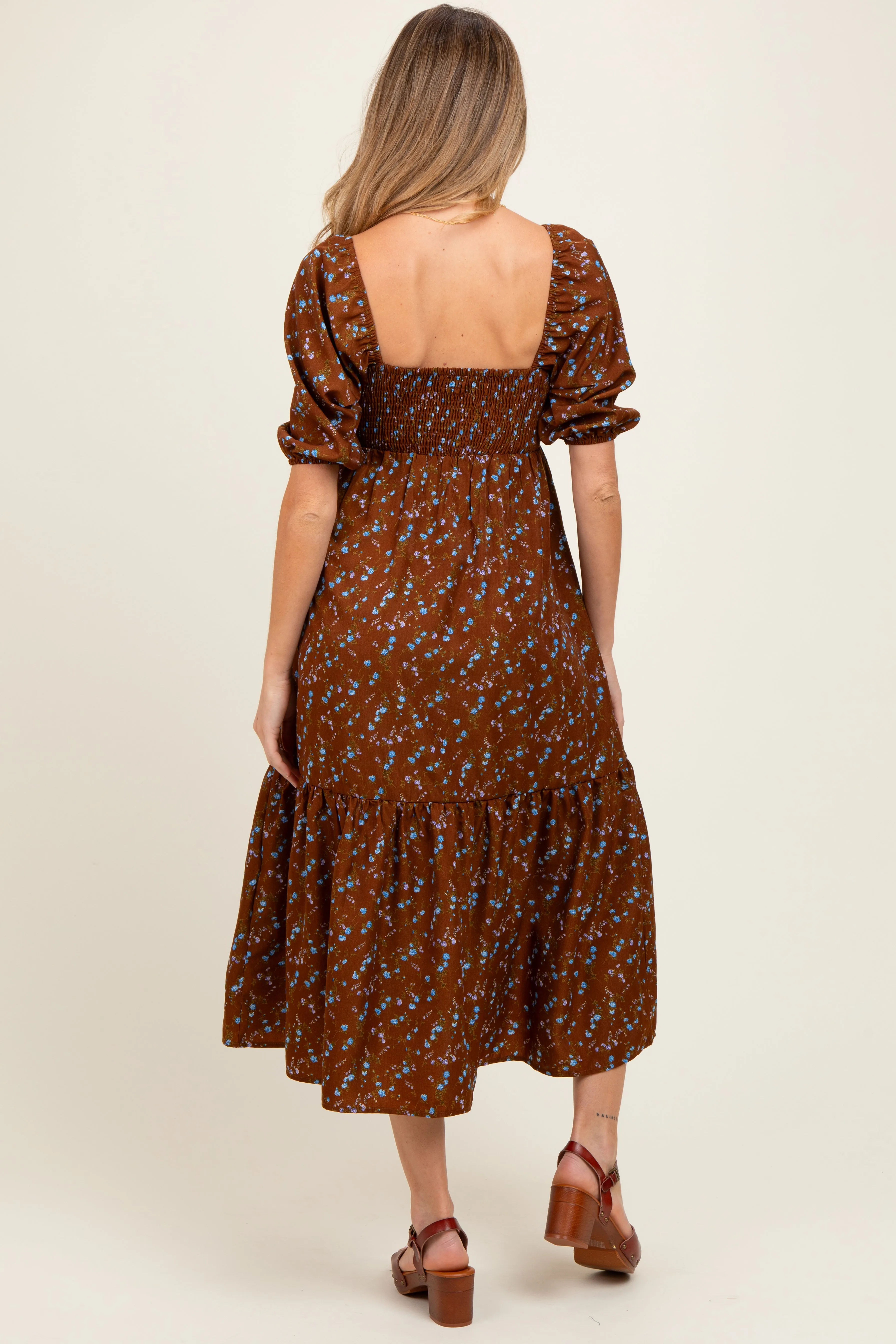 Mocha Floral Sweetheart Puff Sleeve Maternity Midi Dress sold by Pinkblush product image thumbnail 3