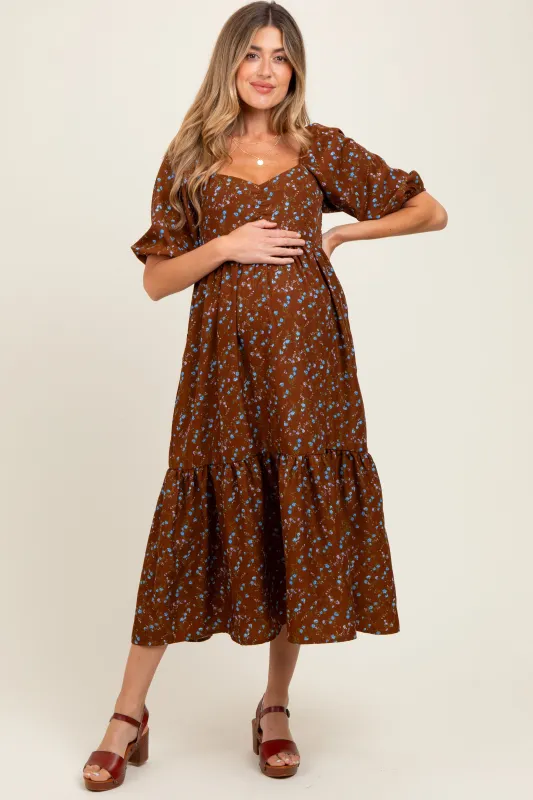 Mocha Floral Sweetheart Puff Sleeve Maternity Midi Dress sold by Pinkblush