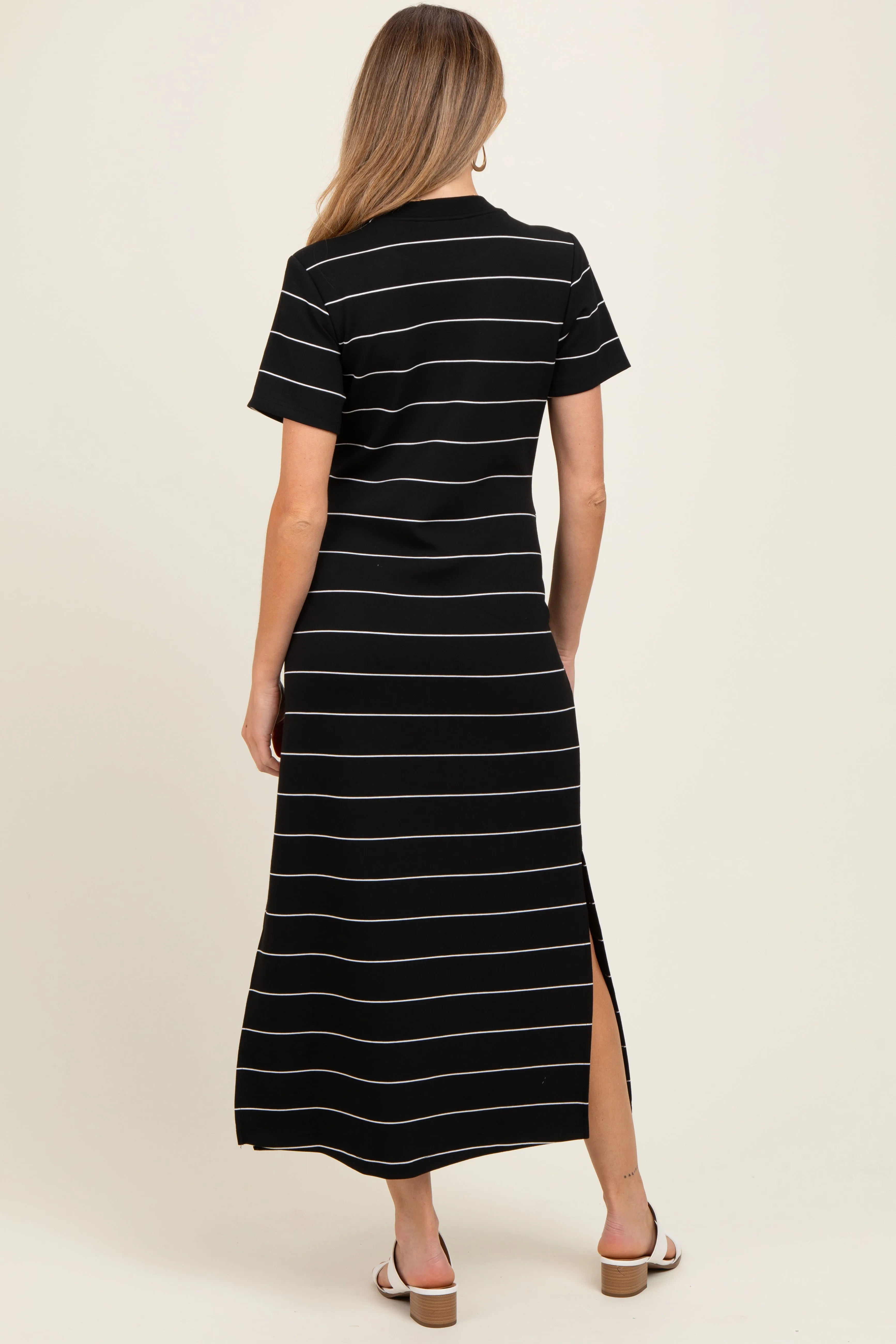 Black Striped Short Sleeve Side Slit Maternity Midi Dress sold by Pinkblush product image thumbnail 3