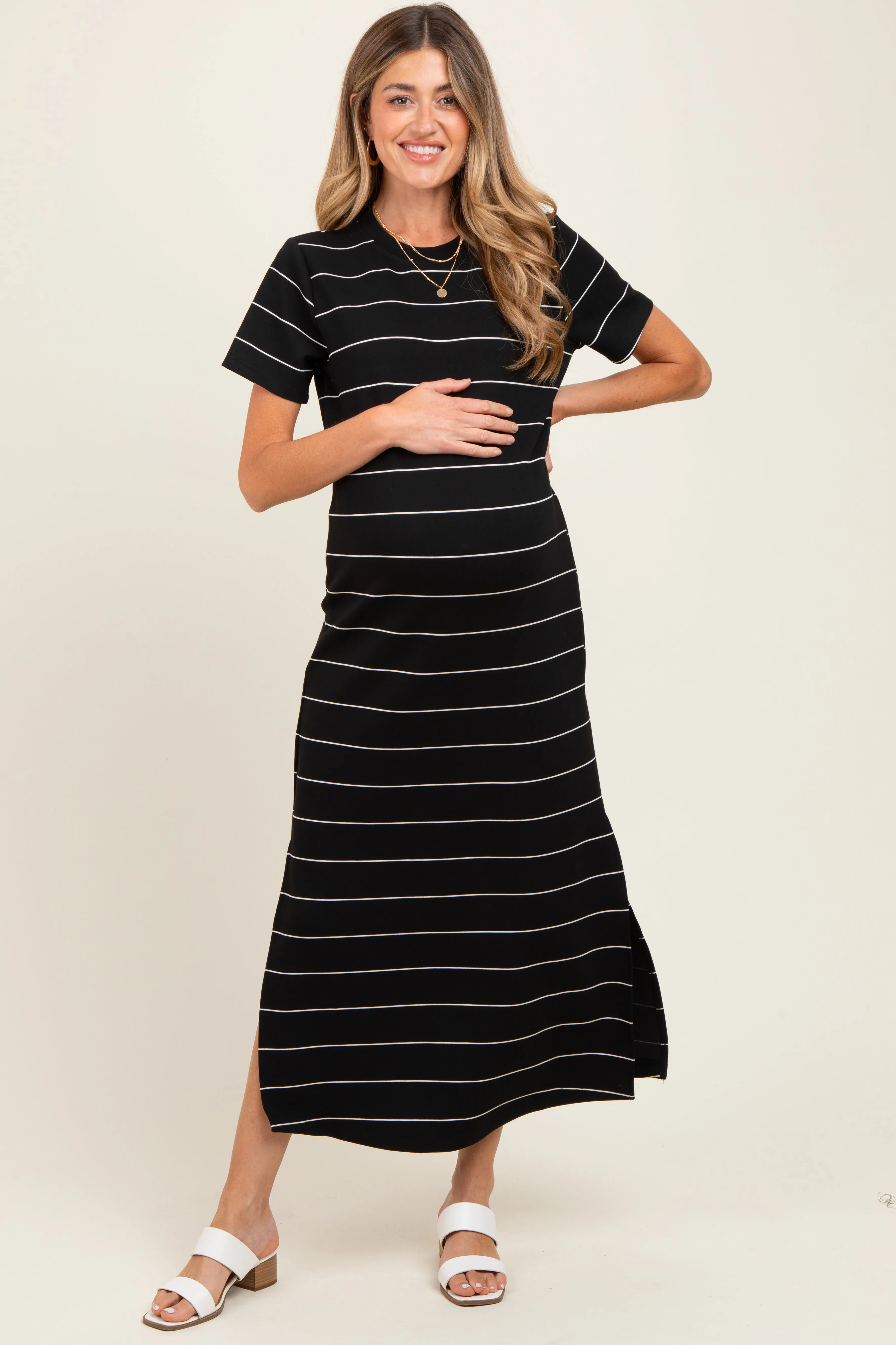 Black Striped Short Sleeve Side Slit Maternity Midi Dress sold by Pinkblush