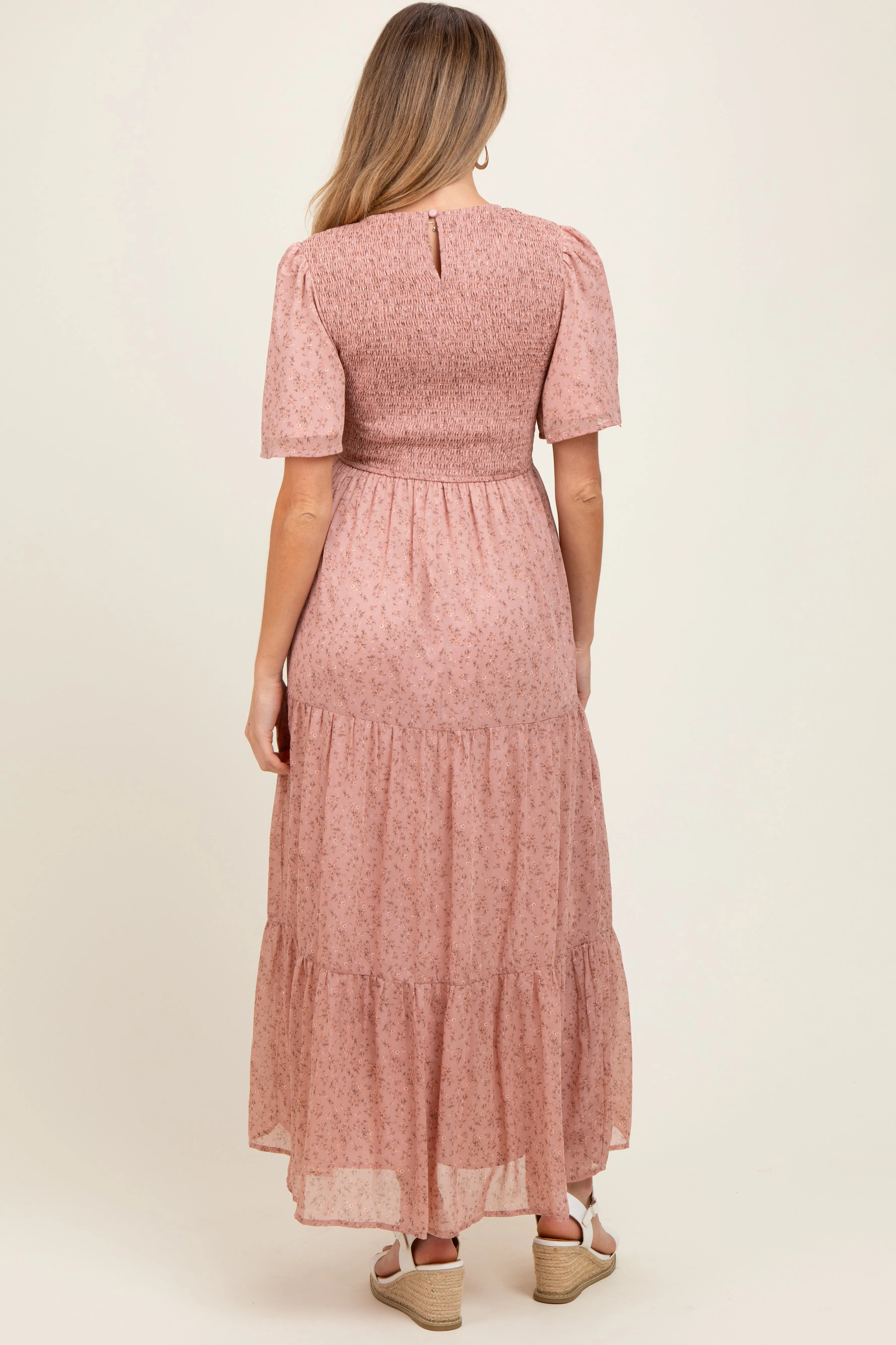 Mauve Floral Smocked Tiered Maternity Midi Dress sold by Pinkblush product image thumbnail 2