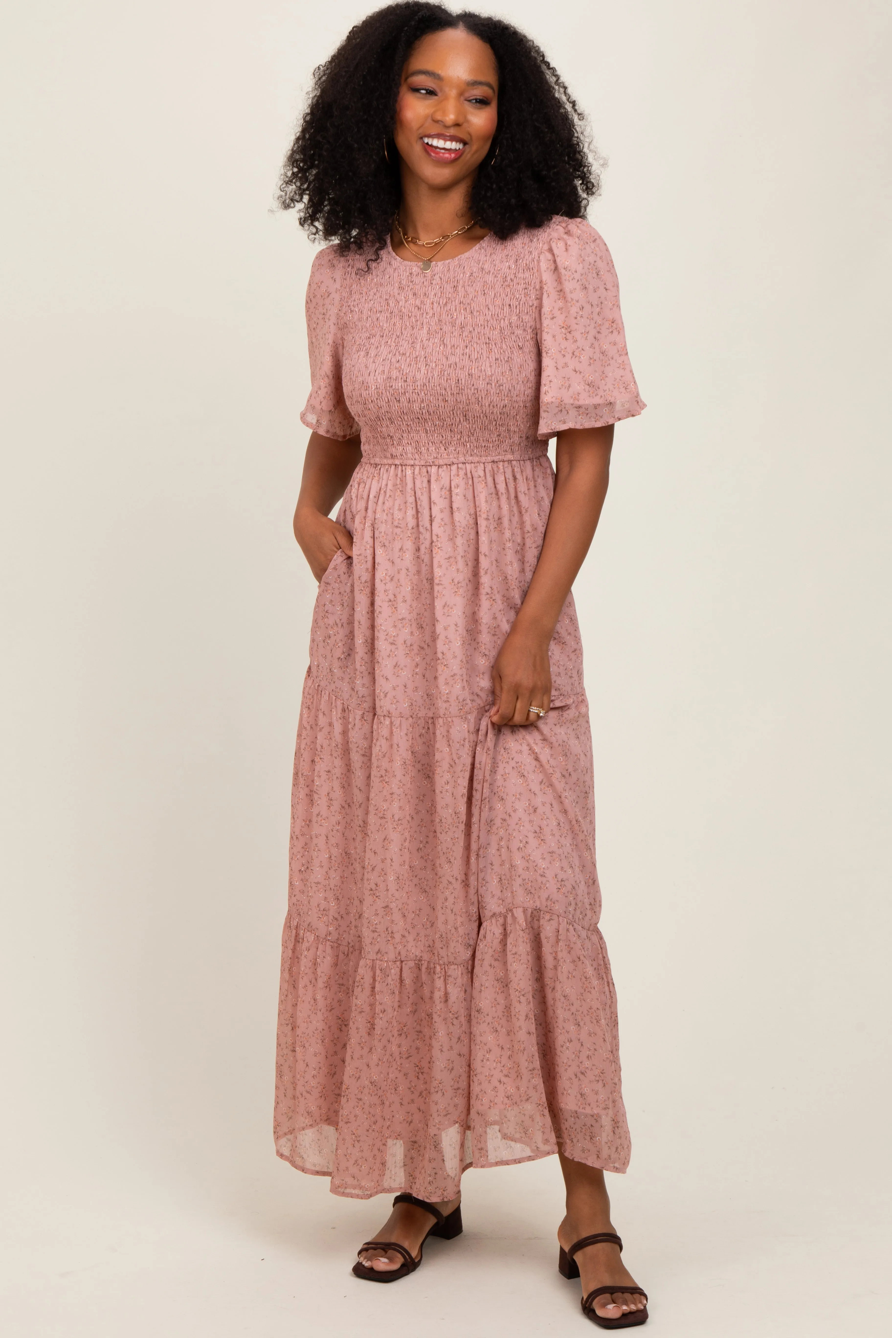 Mauve Floral Smocked Tiered Maternity Midi Dress sold by Pinkblush product image thumbnail 3