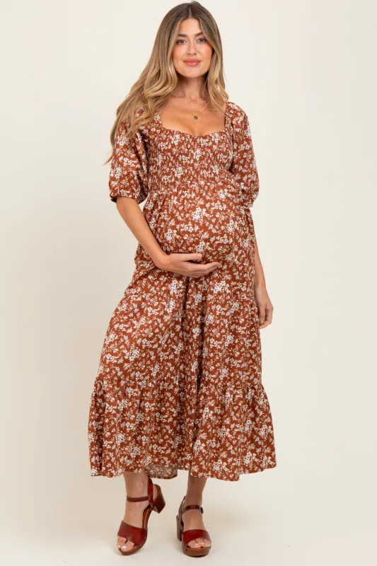 Rust Floral Smocked Puff Sleeve Maternity Maxi Dress sold by Pinkblush